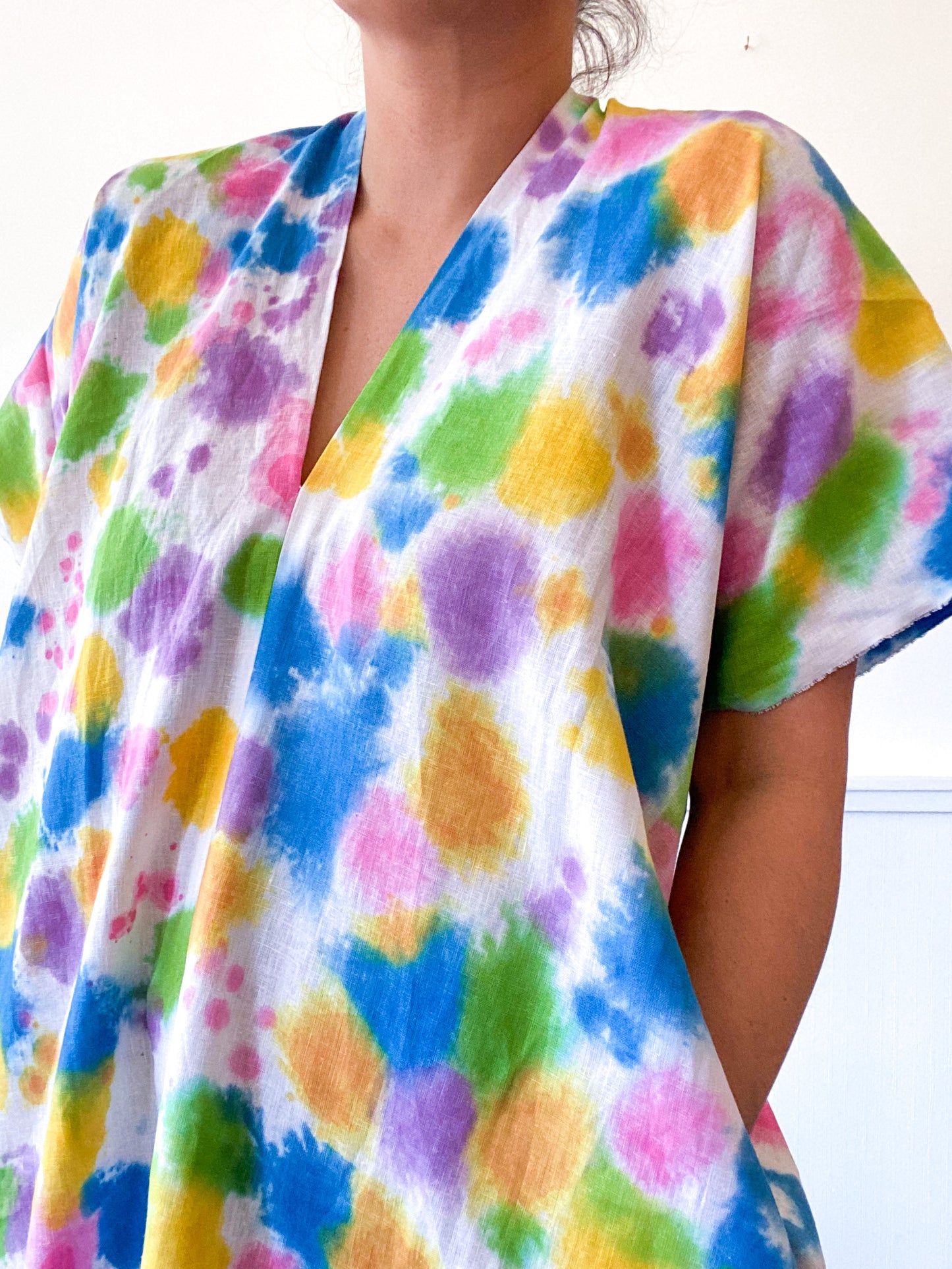 Hand-Dyed Linen Smock Dress Rainbow Dots
