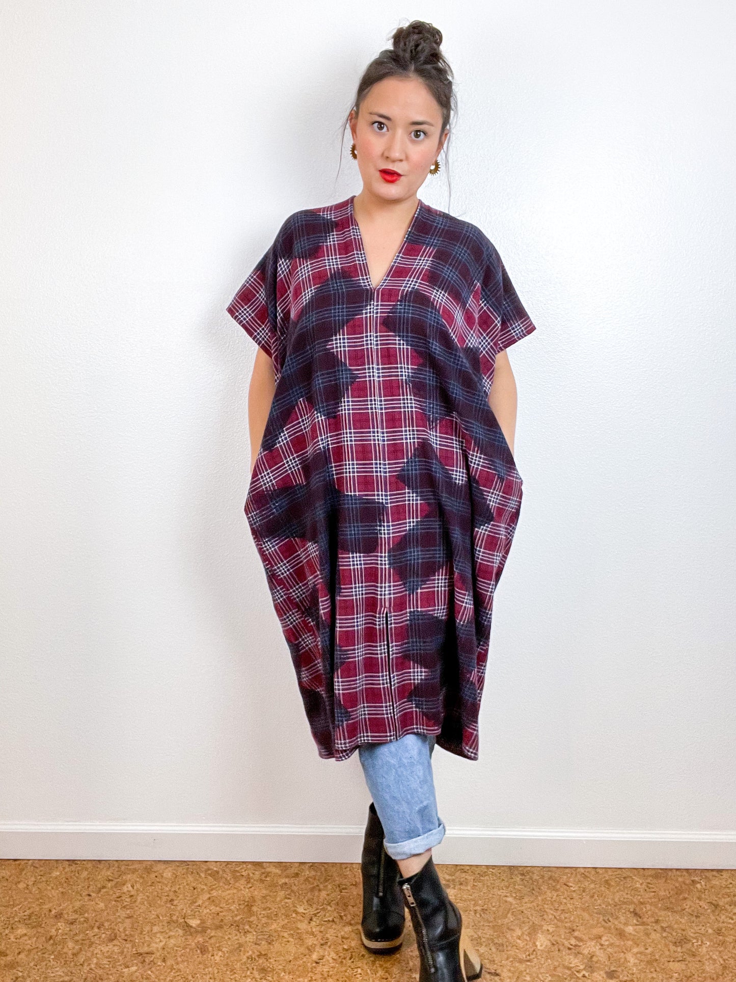Disrupted Plaid Flannel Smock Dress Black X Maroon