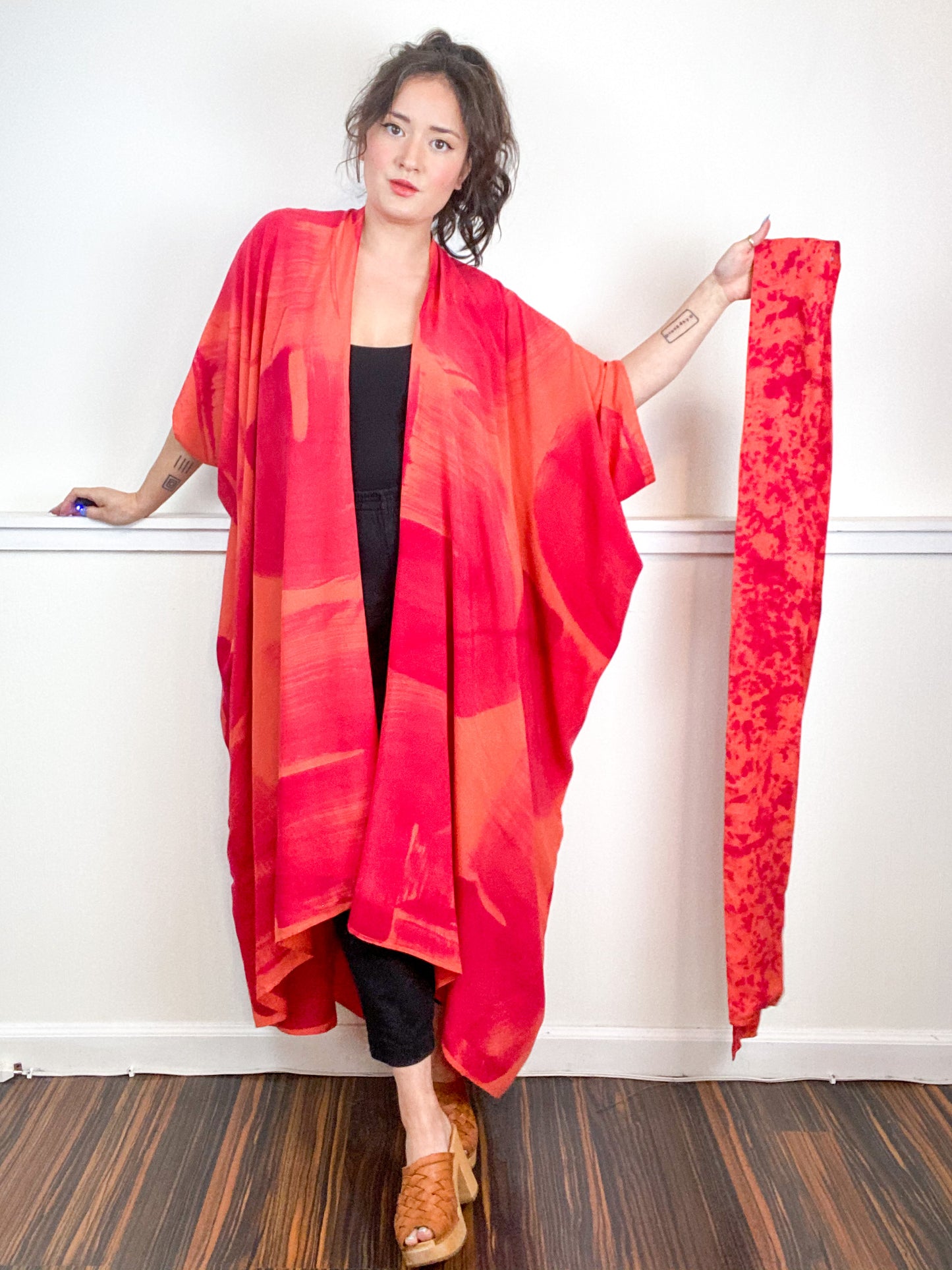 Hand-Dyed High Low Kimono Coral Fuchsia Brushstroke