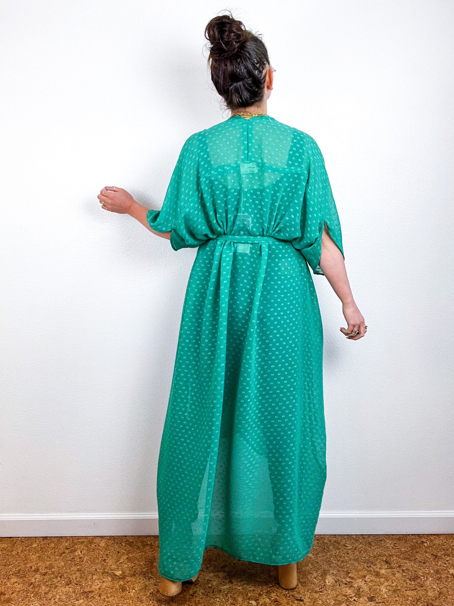 Print High Low Kimono Kelly Green Swiss Dot Chiffon