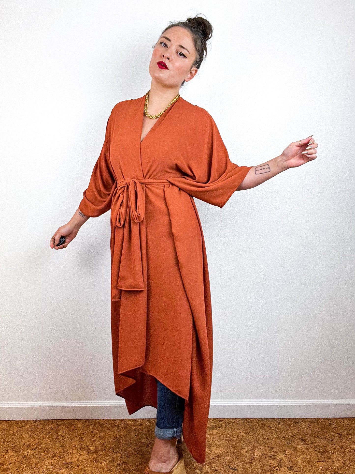 Solid High Low Kimono Rust Georgette