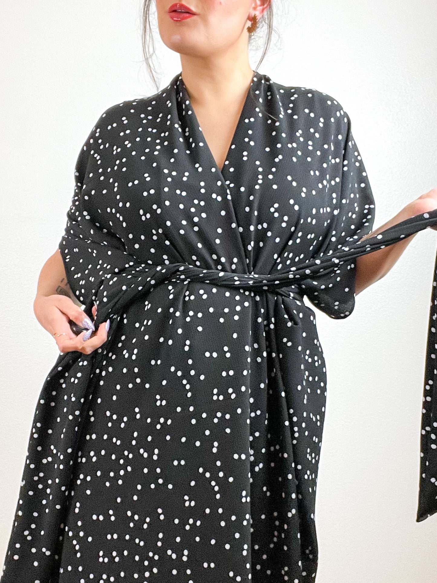 High Low Kimono Black White Dots Bubble Crepe