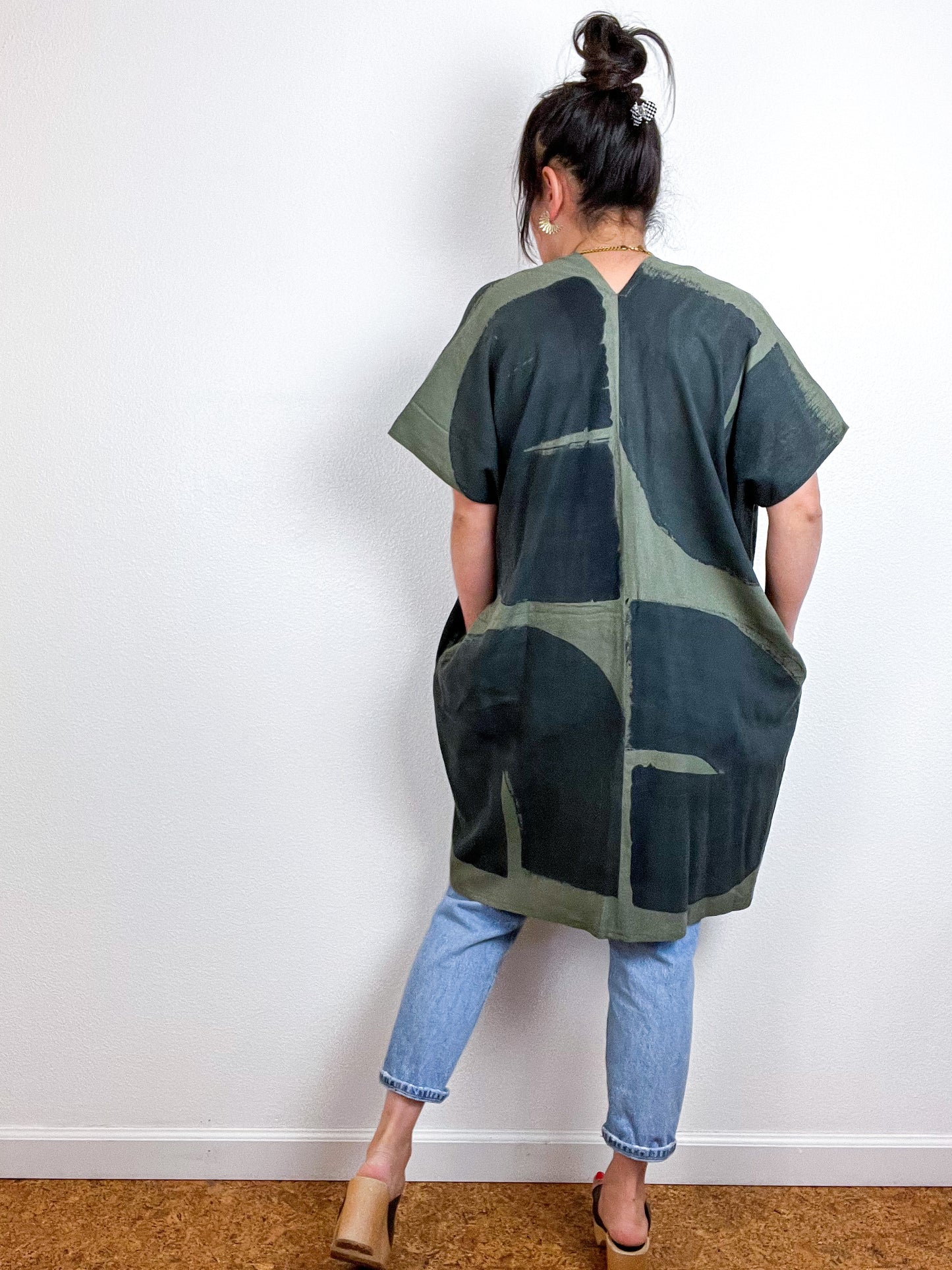 Hand-Dyed Mini Smock Dress Olive Black Brush