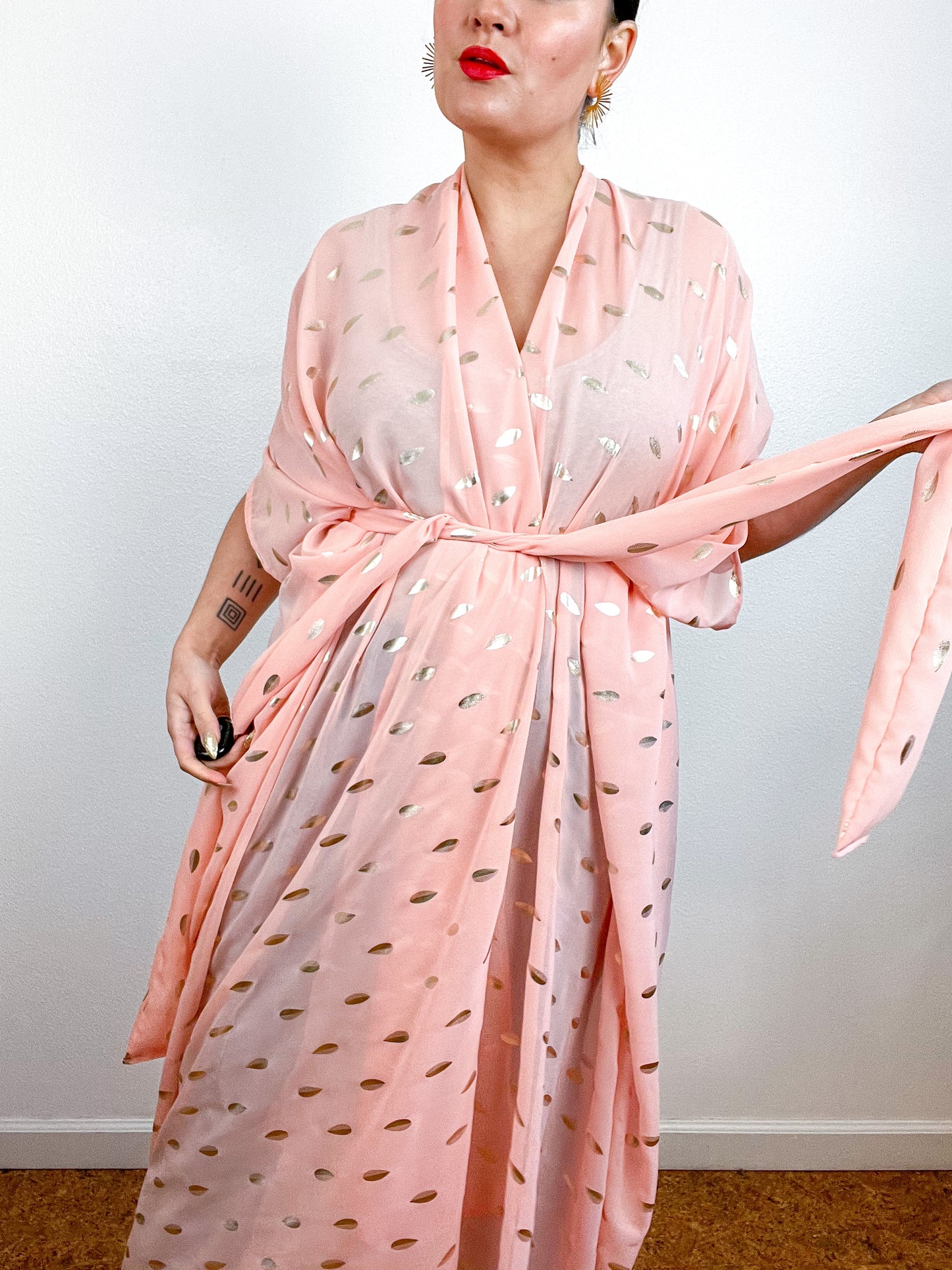 Print High Low Kimono Blush Gold Leaf Chiffon