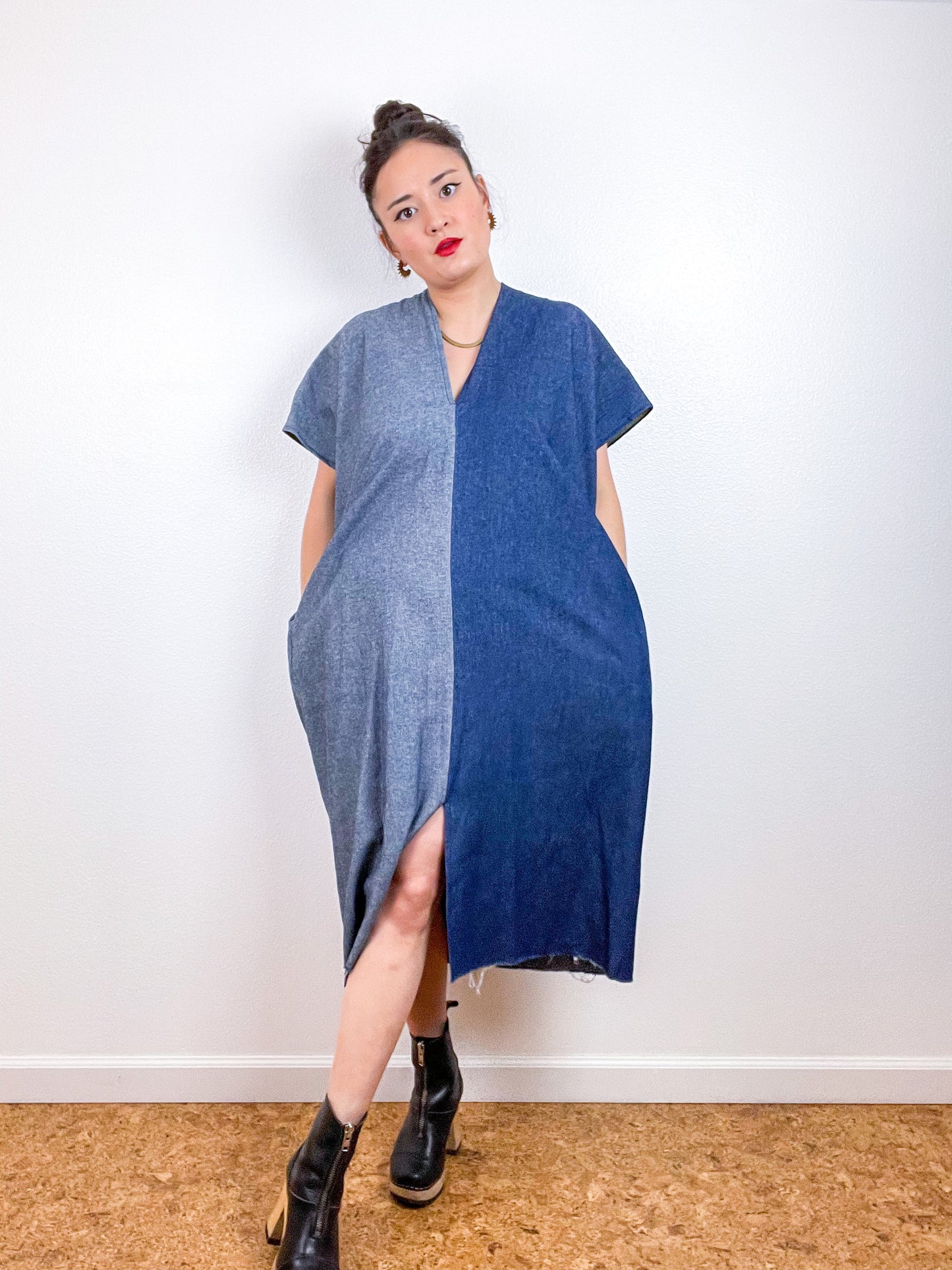 Denim Smock Dress Midi Two Tone