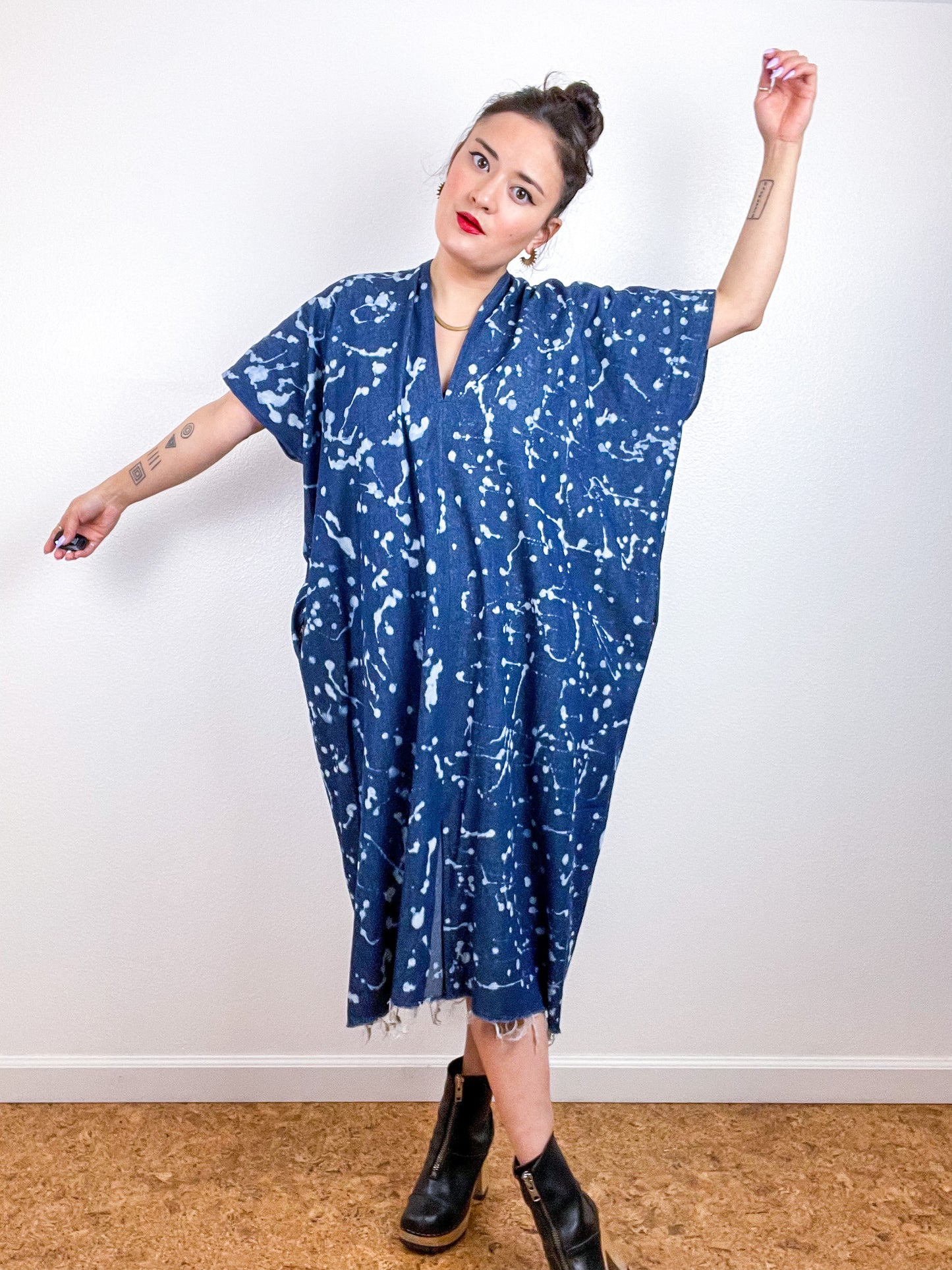 Denim Smock Dress Midi Bleach Speckles
