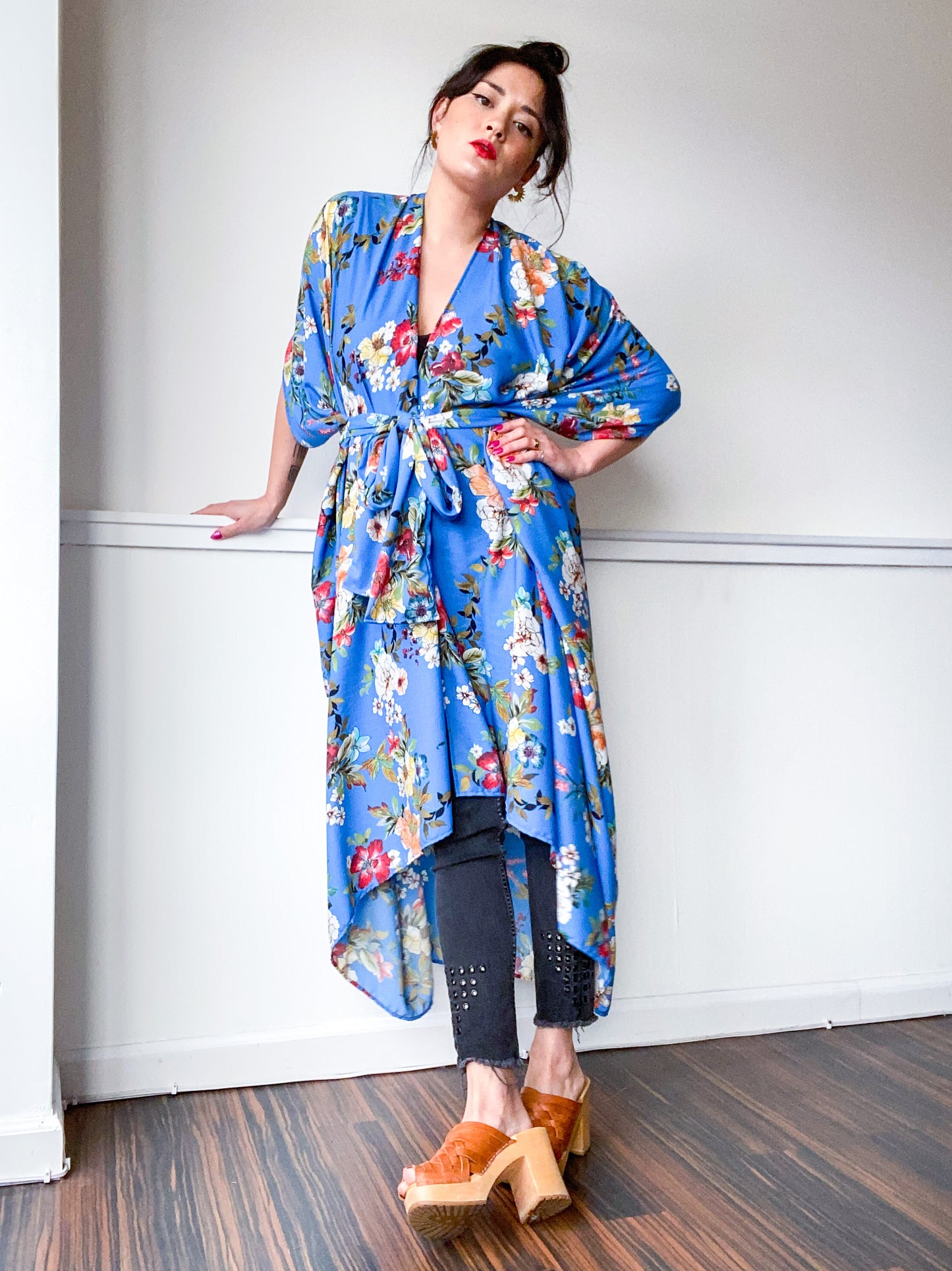 Print High Low Kimono Turquoise Botanical