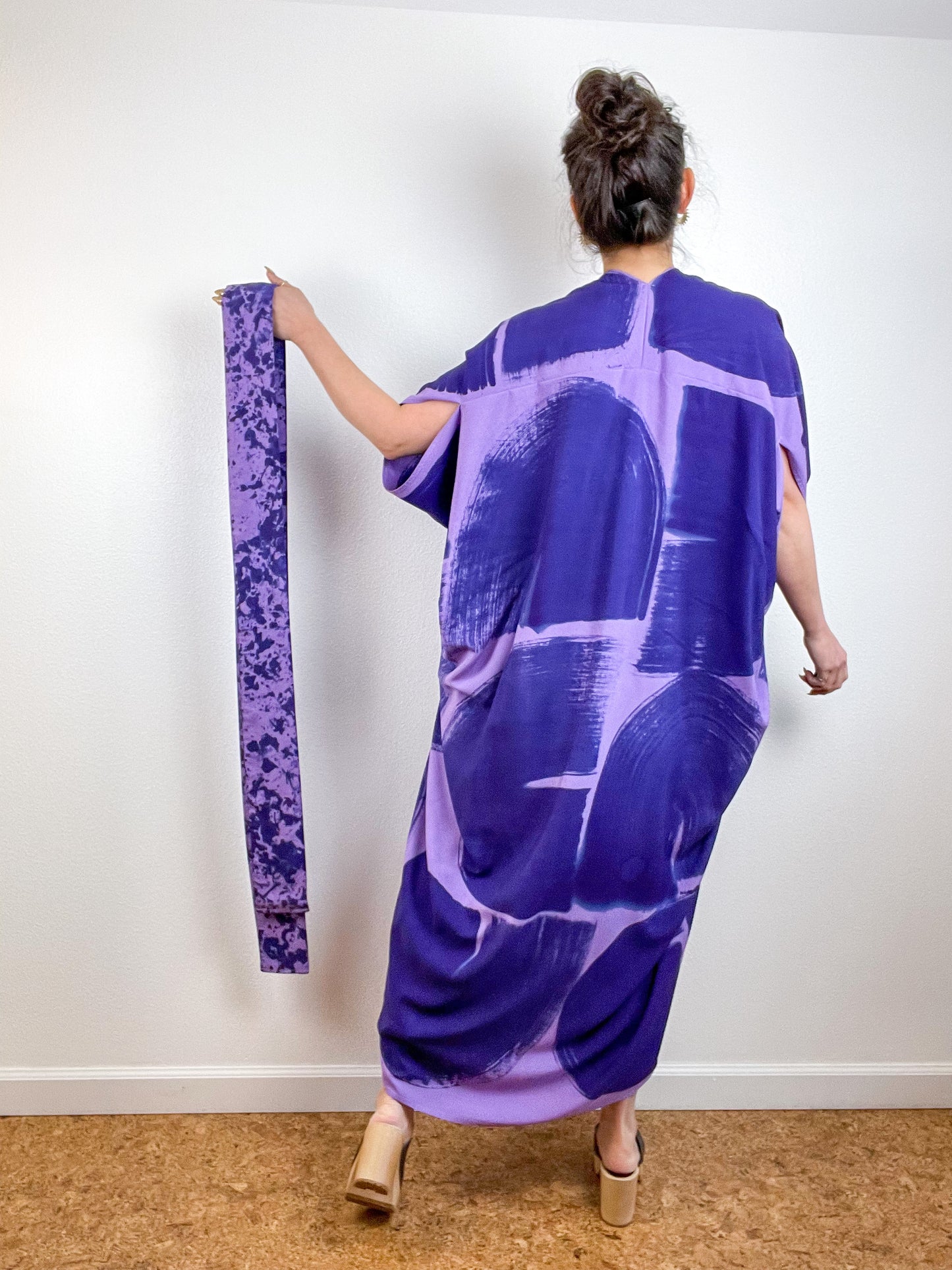 Hand-Dyed High Low Kimono Lilac Navy Brushstroke
