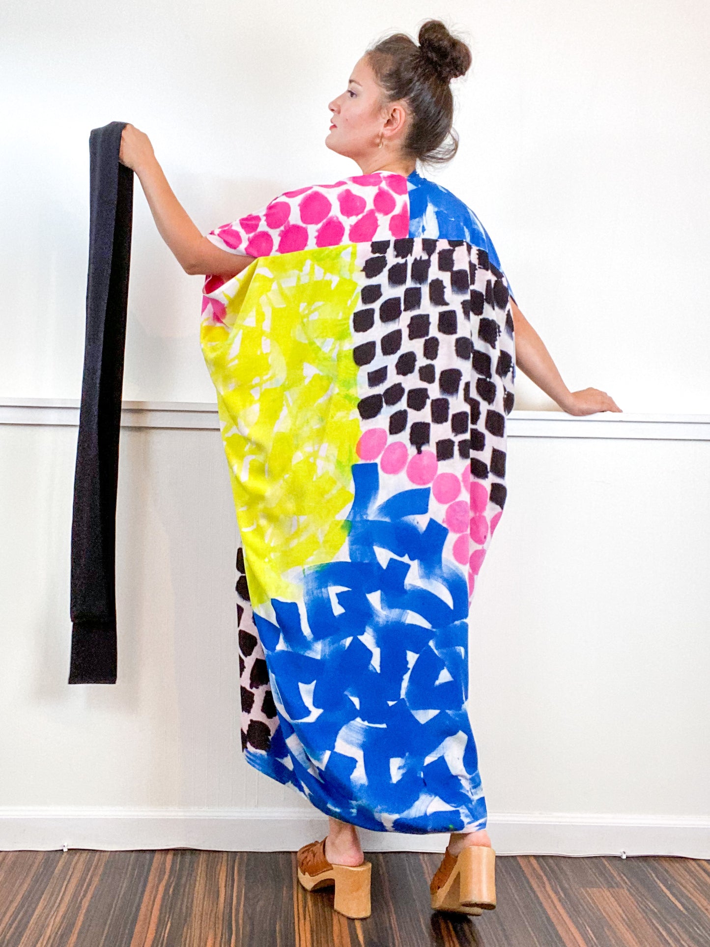OOAK Hand-Dyed High Low Kimono Pink Raven Royal Lemon Brushstrokes