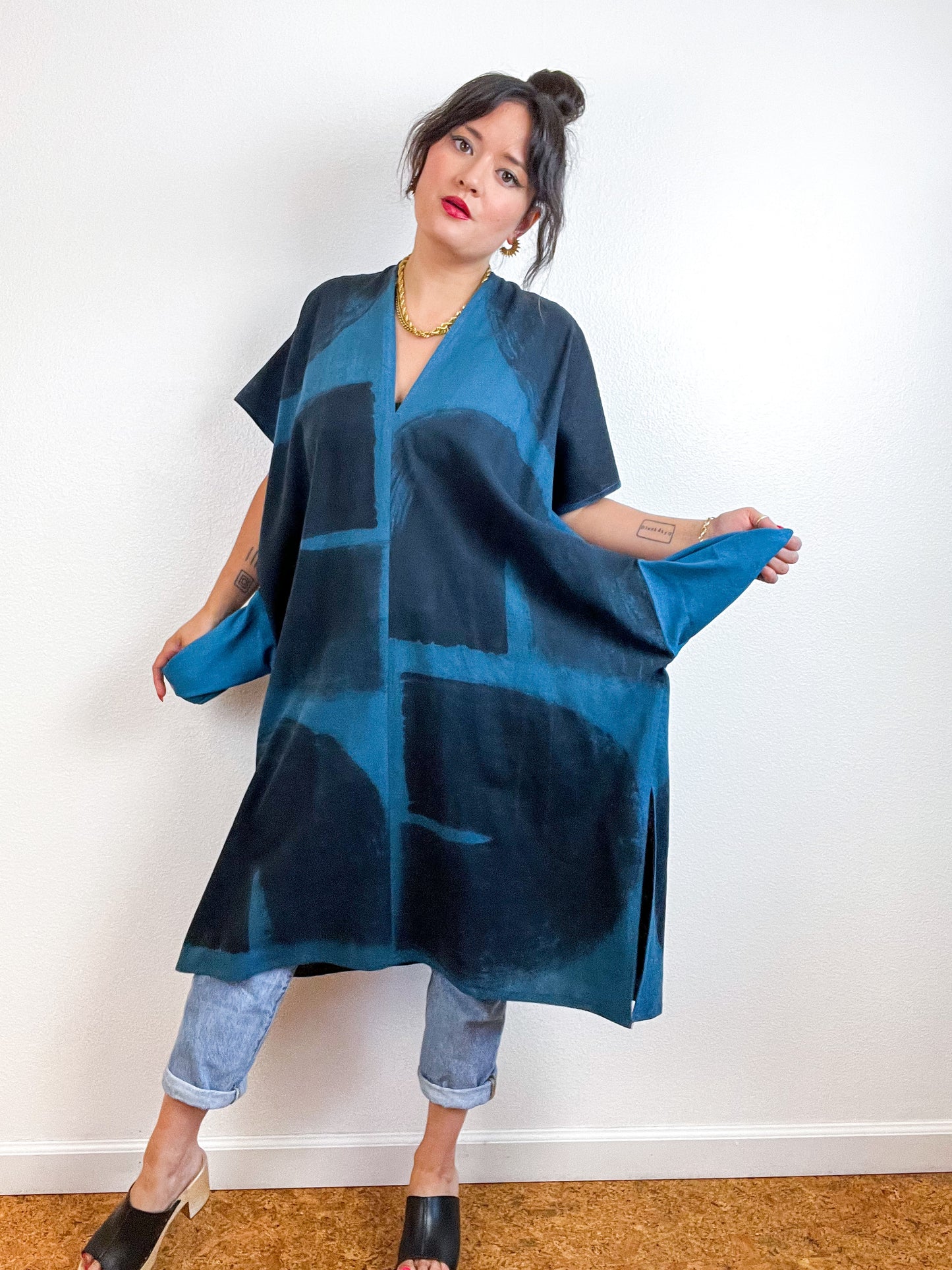 Hand-Dyed Midi Smock Dress Teal Black Brush