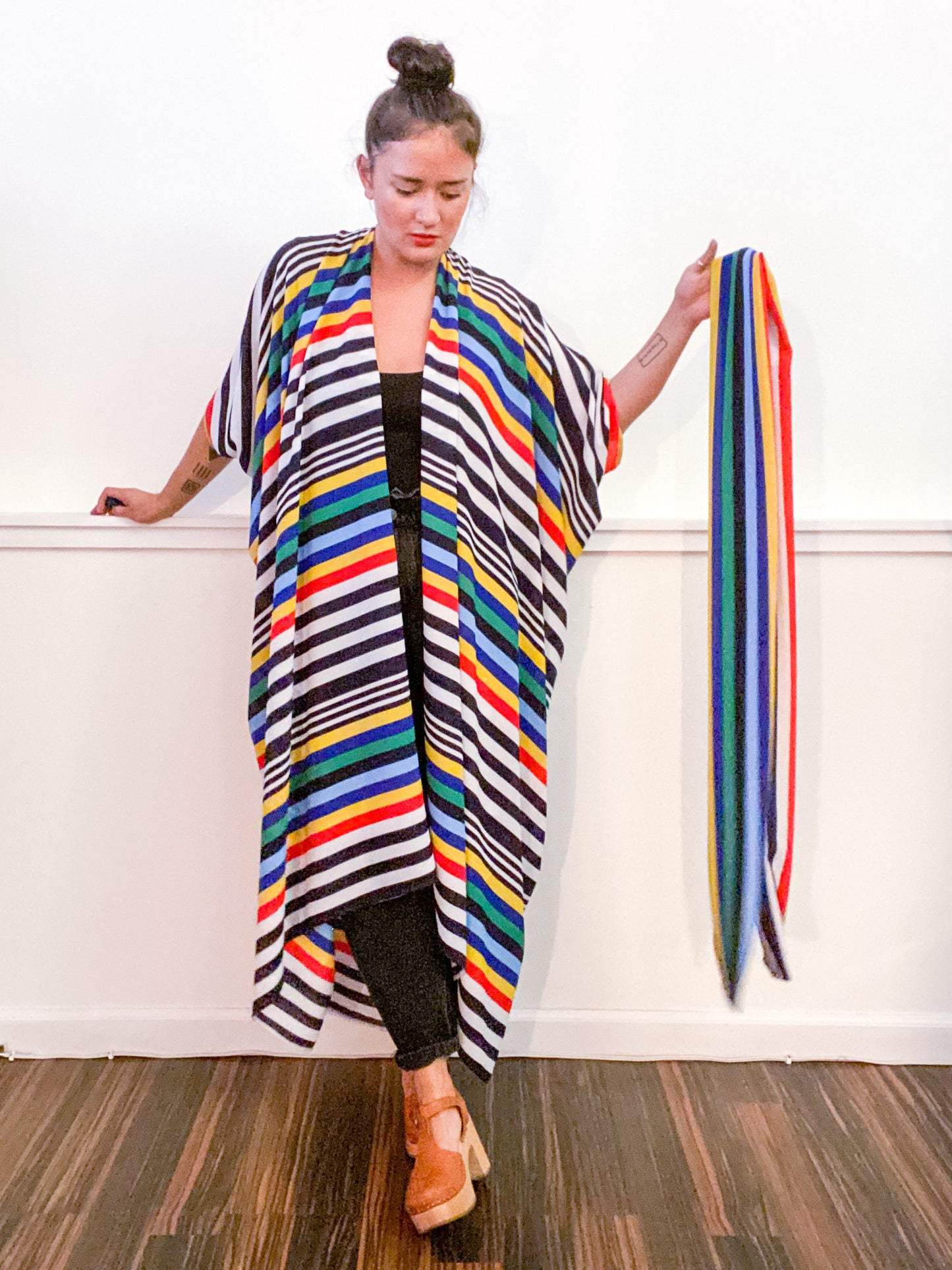 Print High Low Kimono Primary Stripe Bubble Crepe