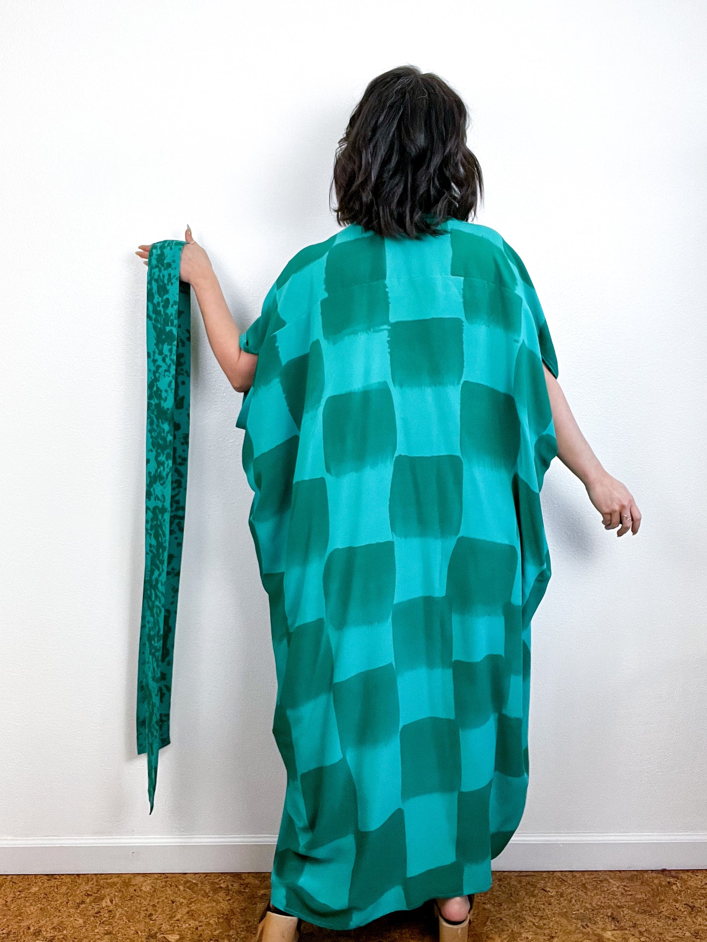 Hand-Dyed High Low Kimono Teal Green Checkerboard