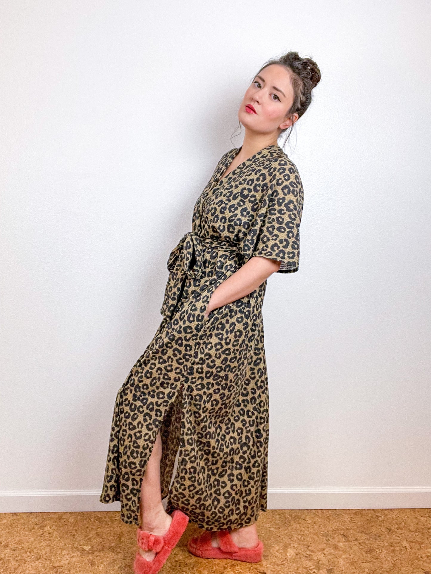 Waffle Knit Duster Kimono Leopard