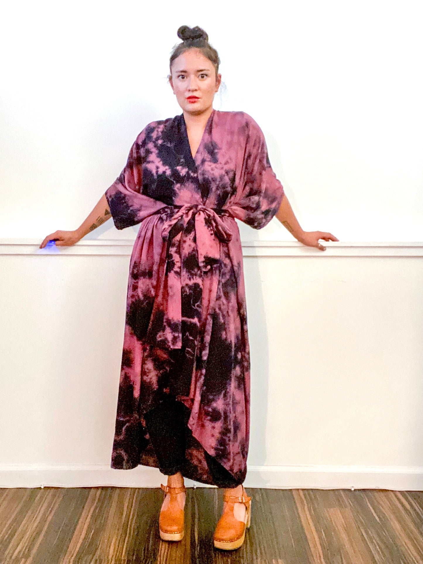 Hand-Dyed High Low Kimono Rose Black Overdye