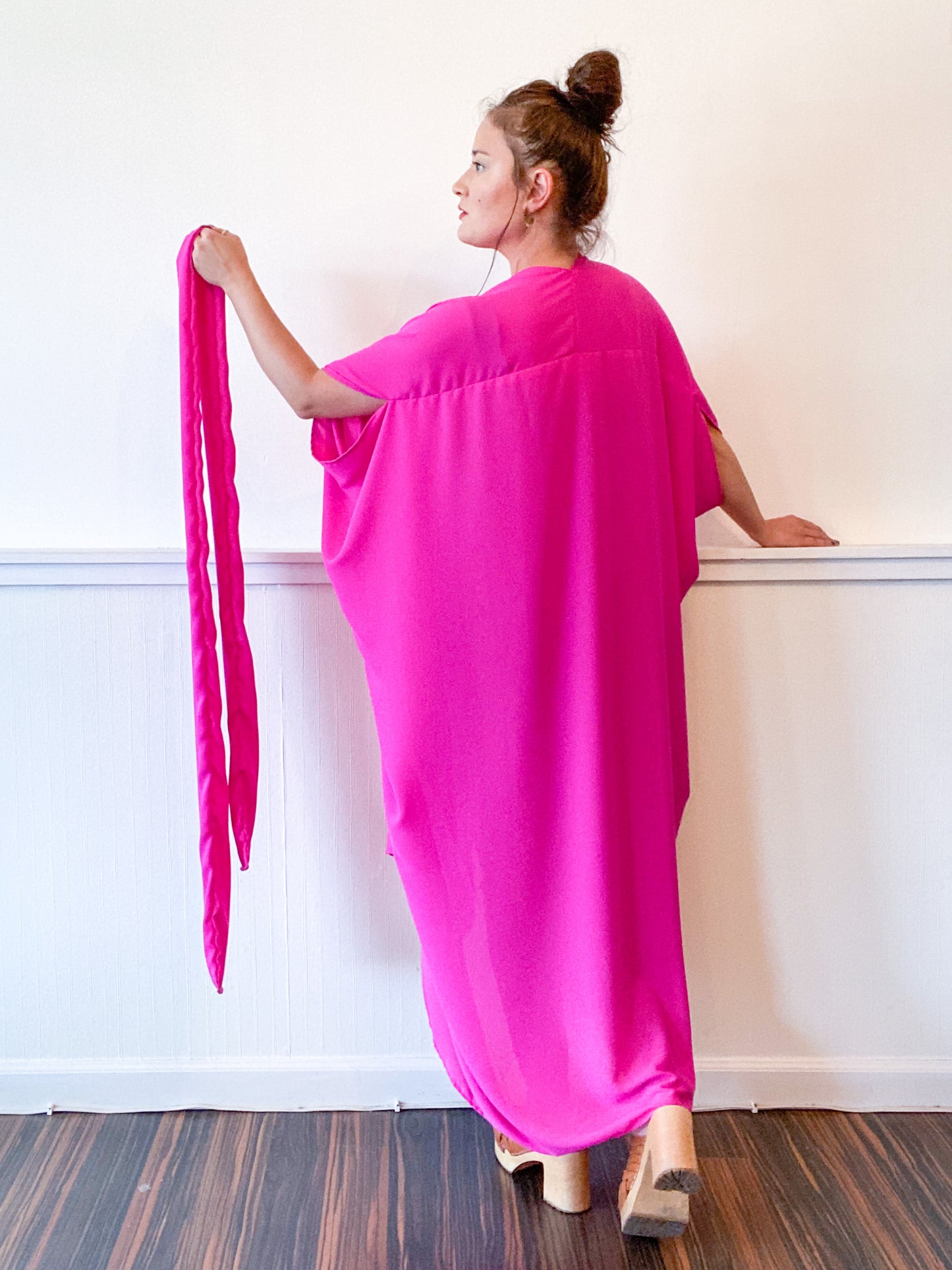 Solid High Low Kimono Hot Pink Georgette