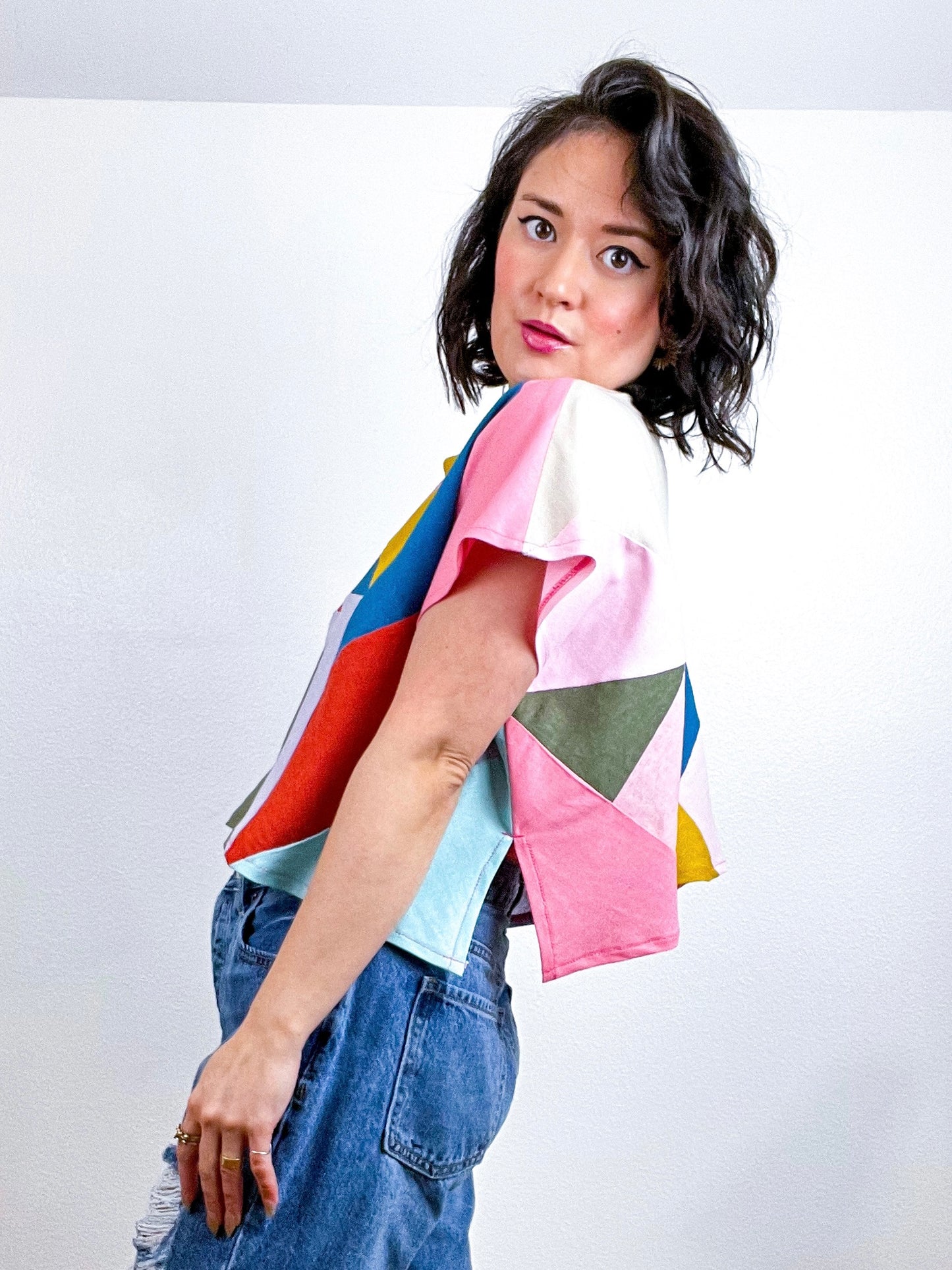 Scrappy Triangles Crop Linen Blend Multi