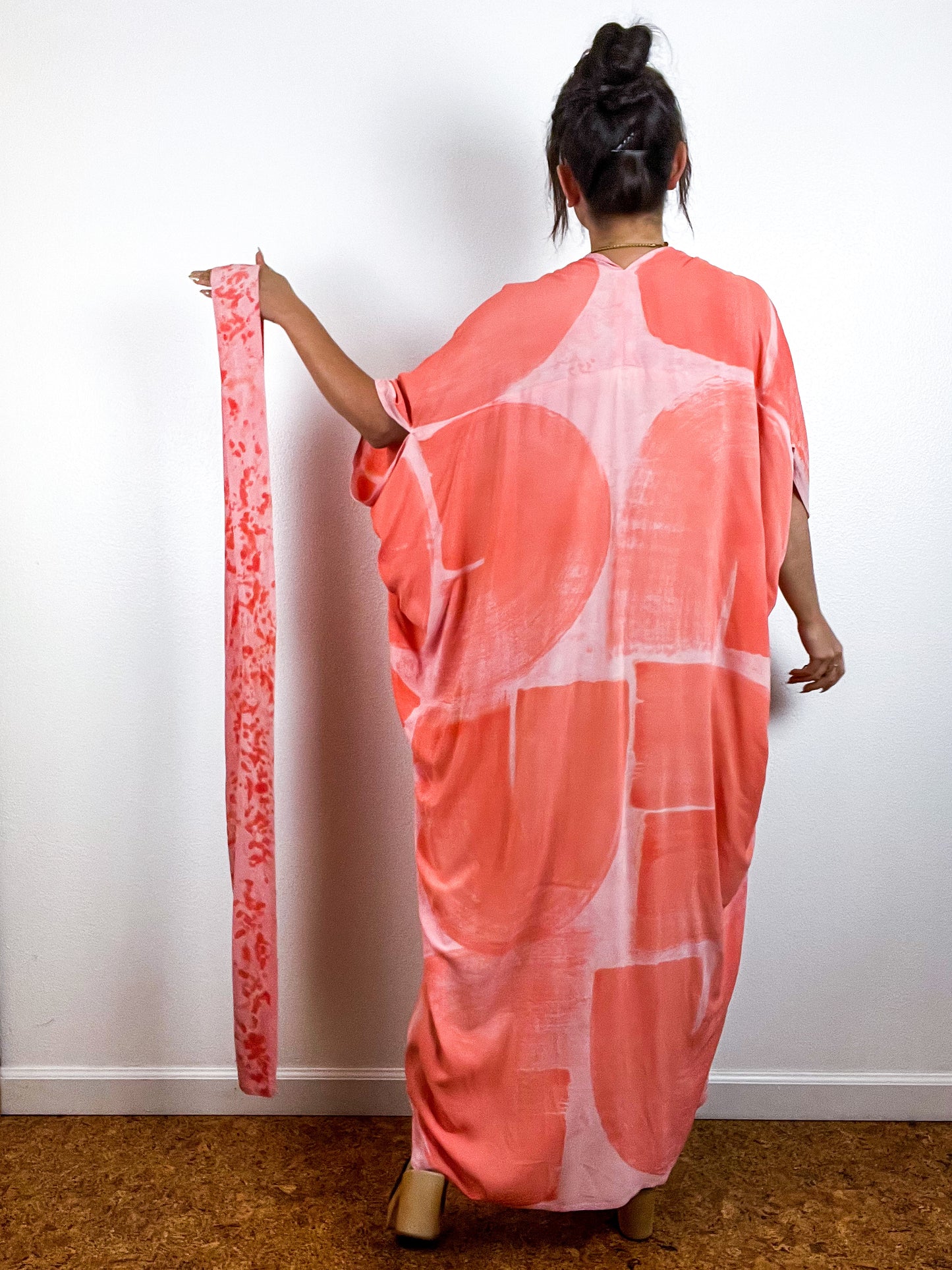 Hand-Dyed High Low Kimono Peach Coral Brushstroke