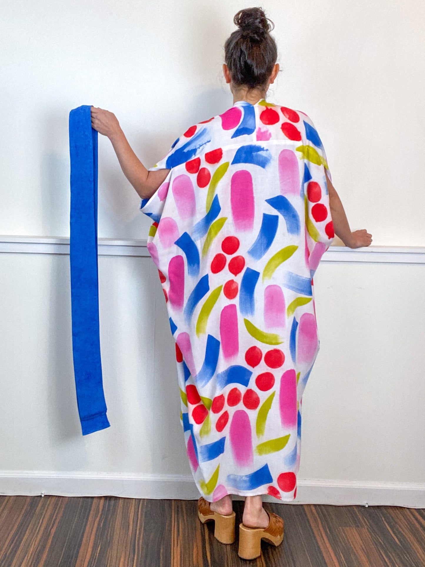 OOAK Hand-Dyed High Low Kimono Scarlet Pink Chartreuse Sky