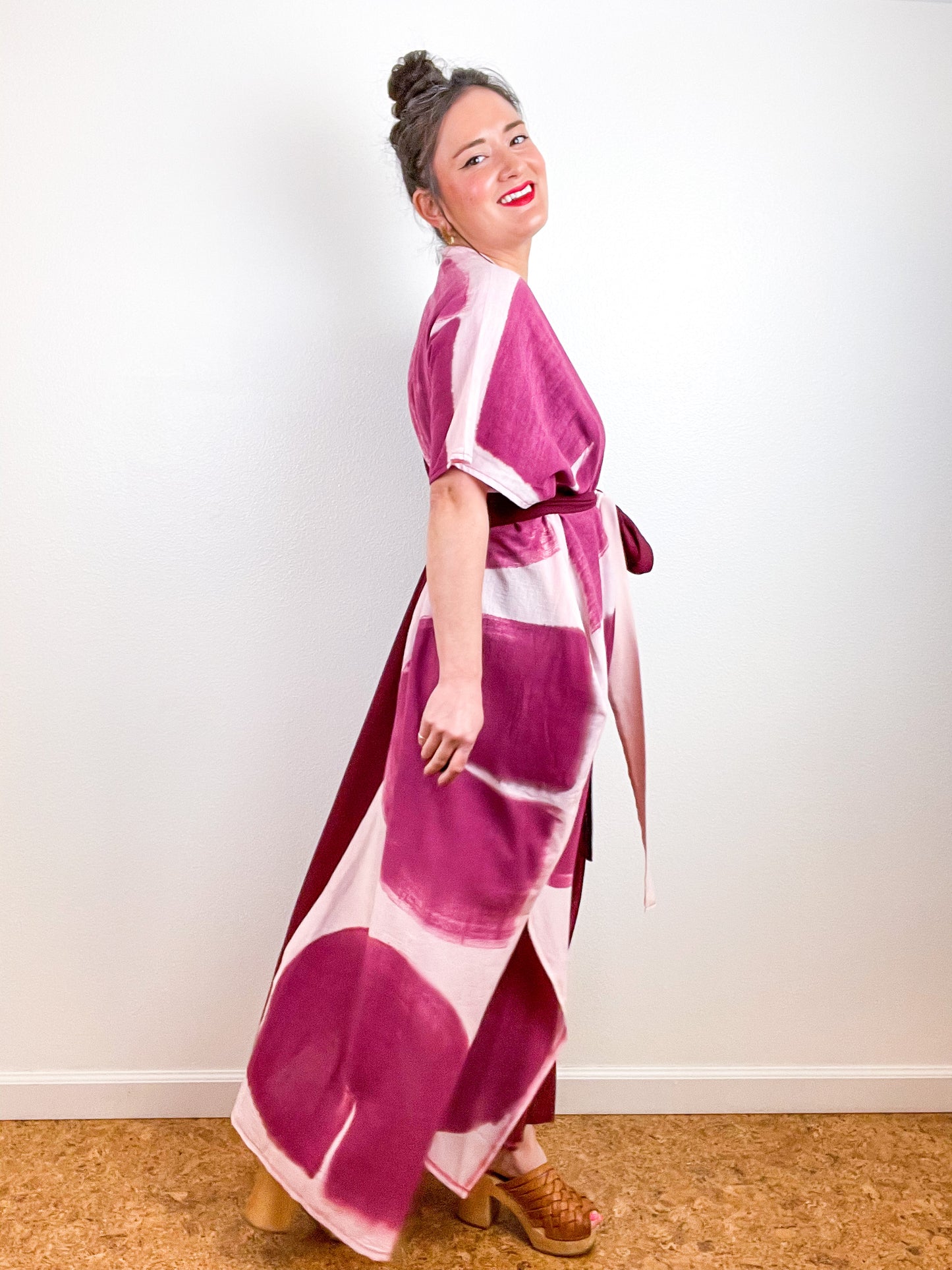Single Gauze Duster Kimono Maroon Blush Brushstrokes