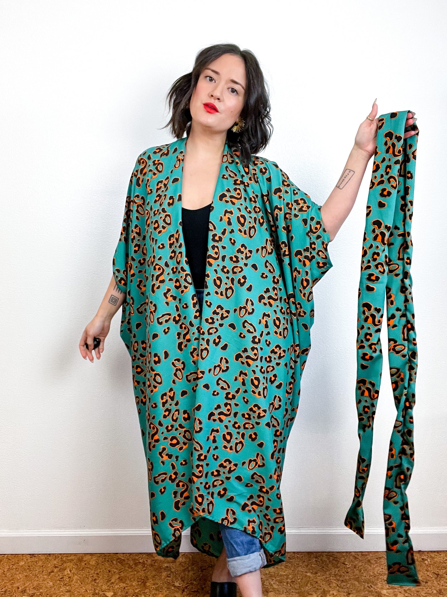 Print High Low Kimono Green Leopard Crepe de Chine