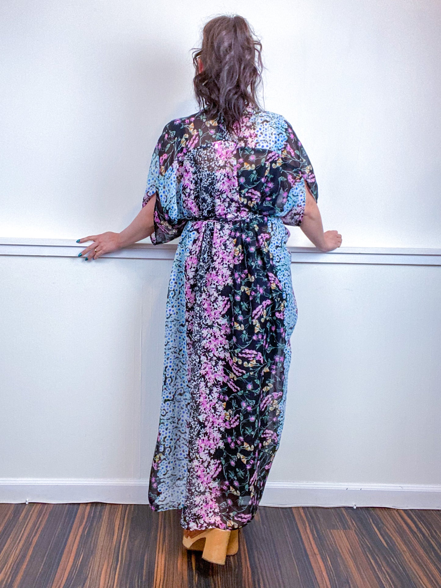 Print High Low Kimono Floral Stripe Crinkle Chiffon