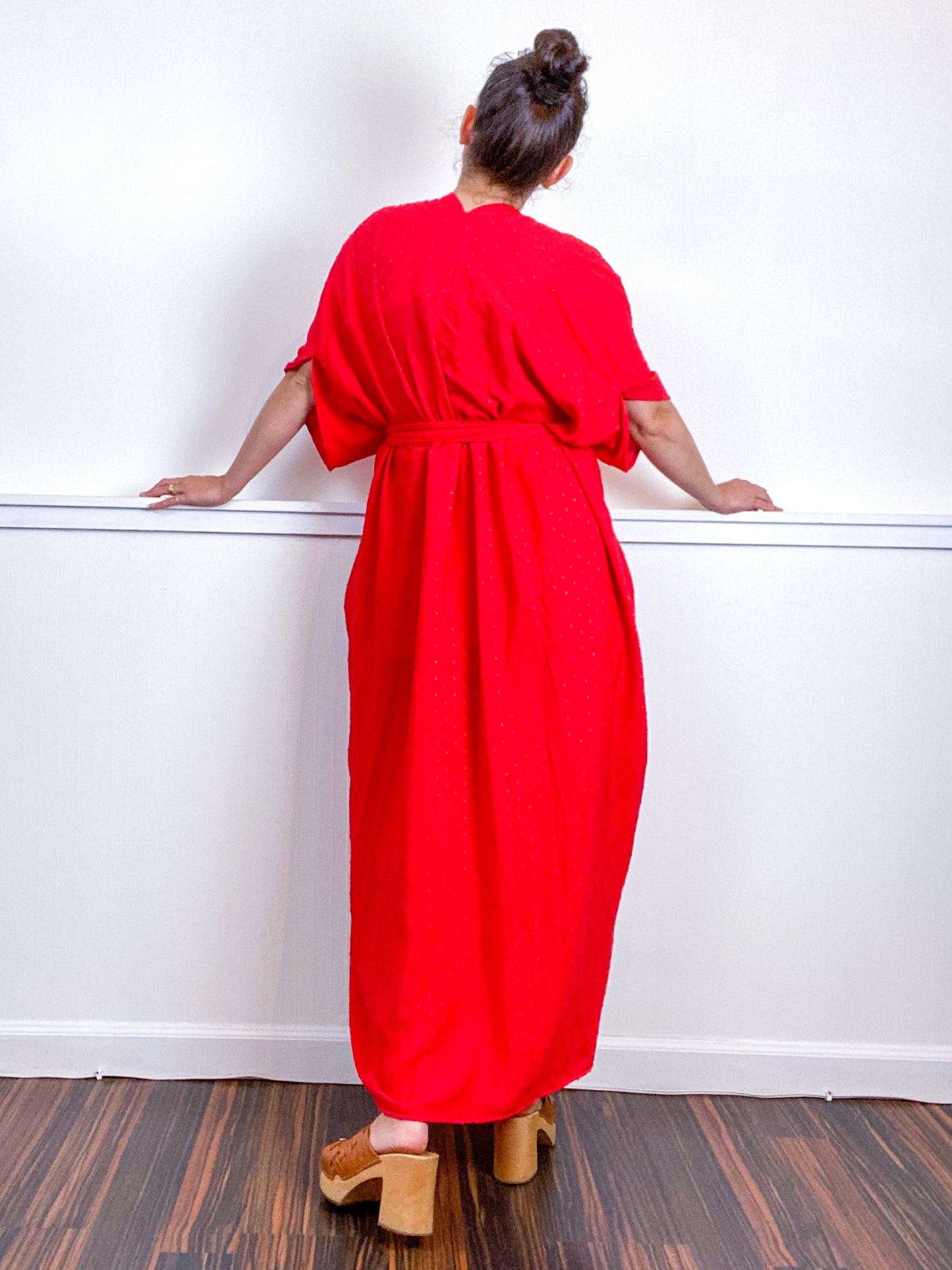 Solid High Low Kimono Red Swiss Dot Crinkle Rayon