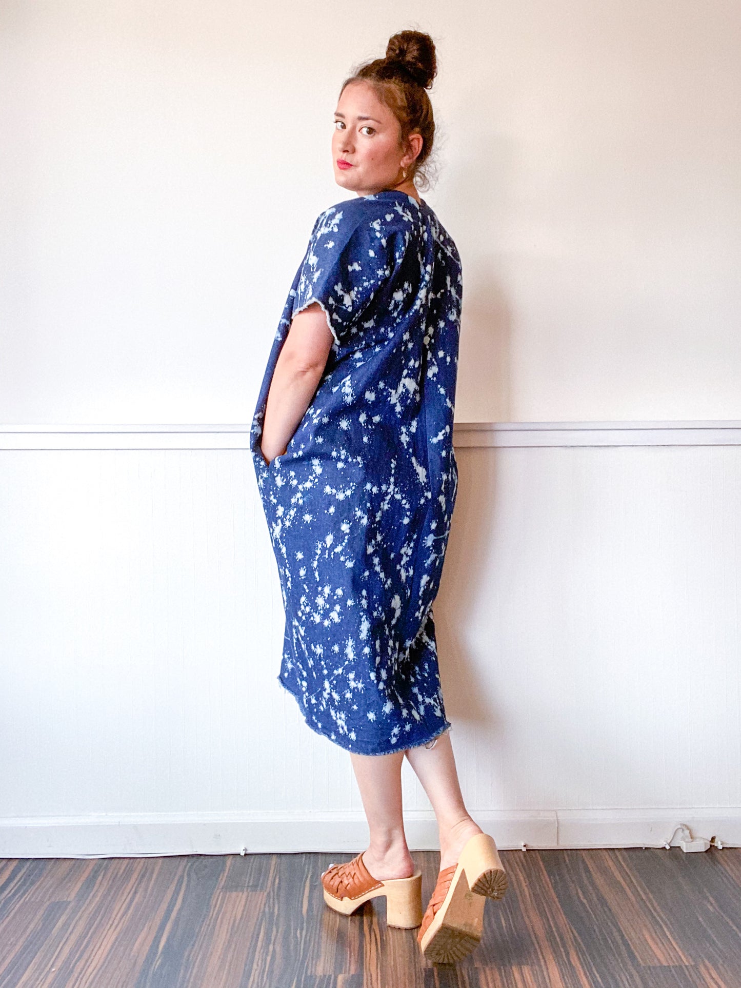 Denim Midi Smock Dress Bleach Speckle
