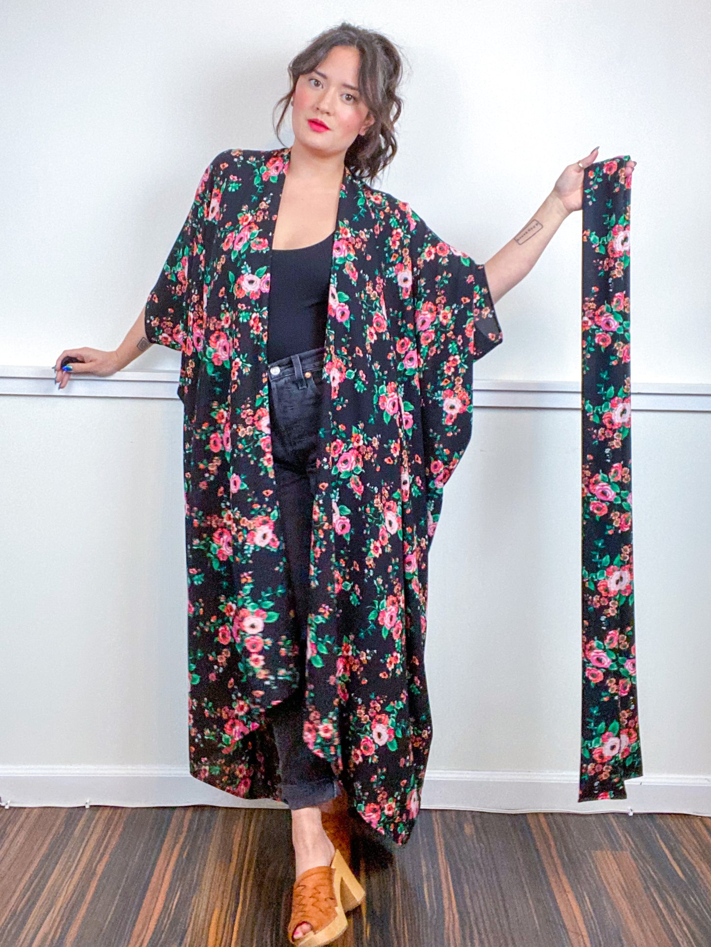 Print High Low Kimono Black Orange Pink Rose Bubble Crepe