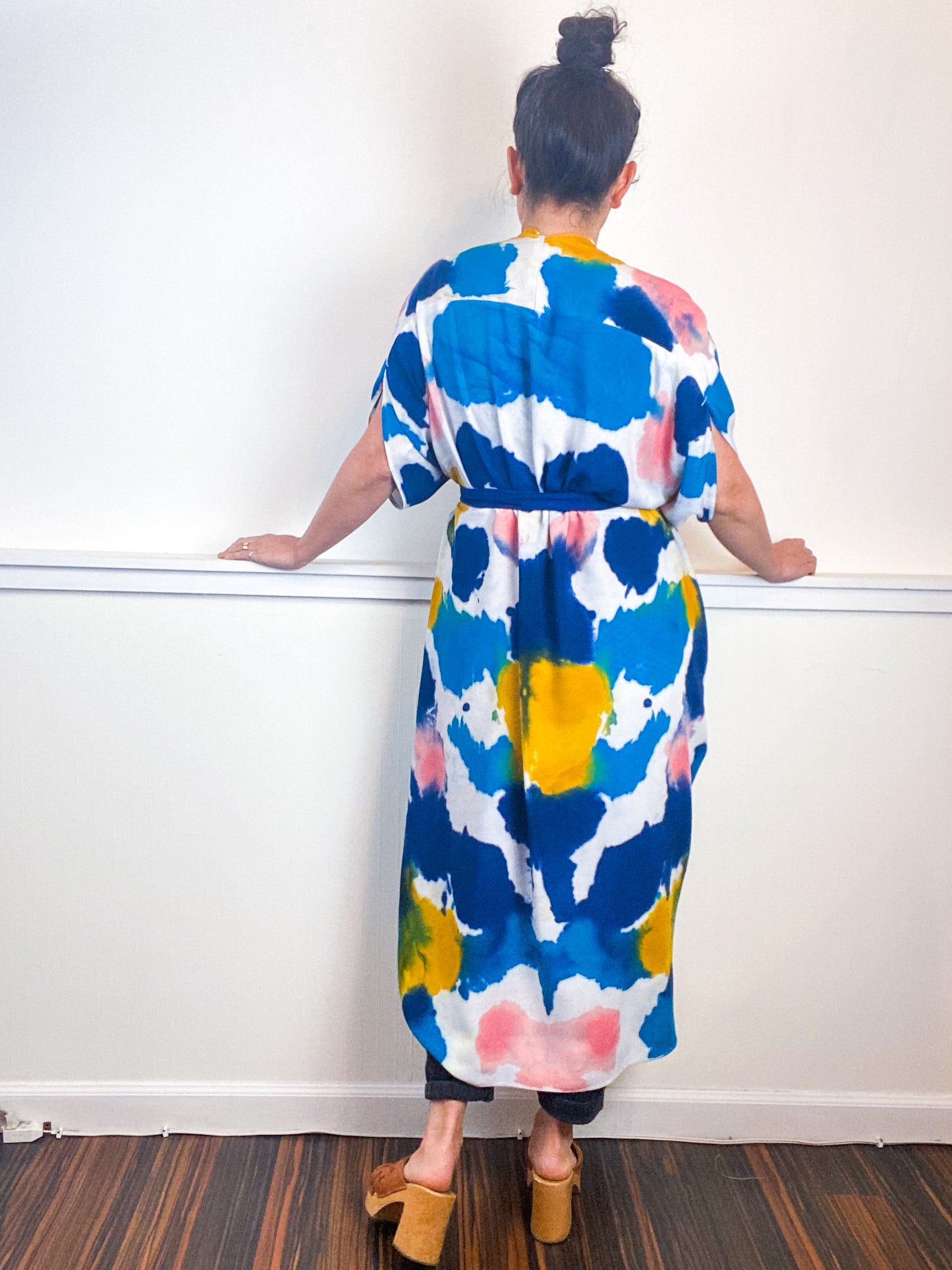 OOAK Hand-Dyed High Low Kimono Marigold Kingfisher Indigo Coral Inkblot