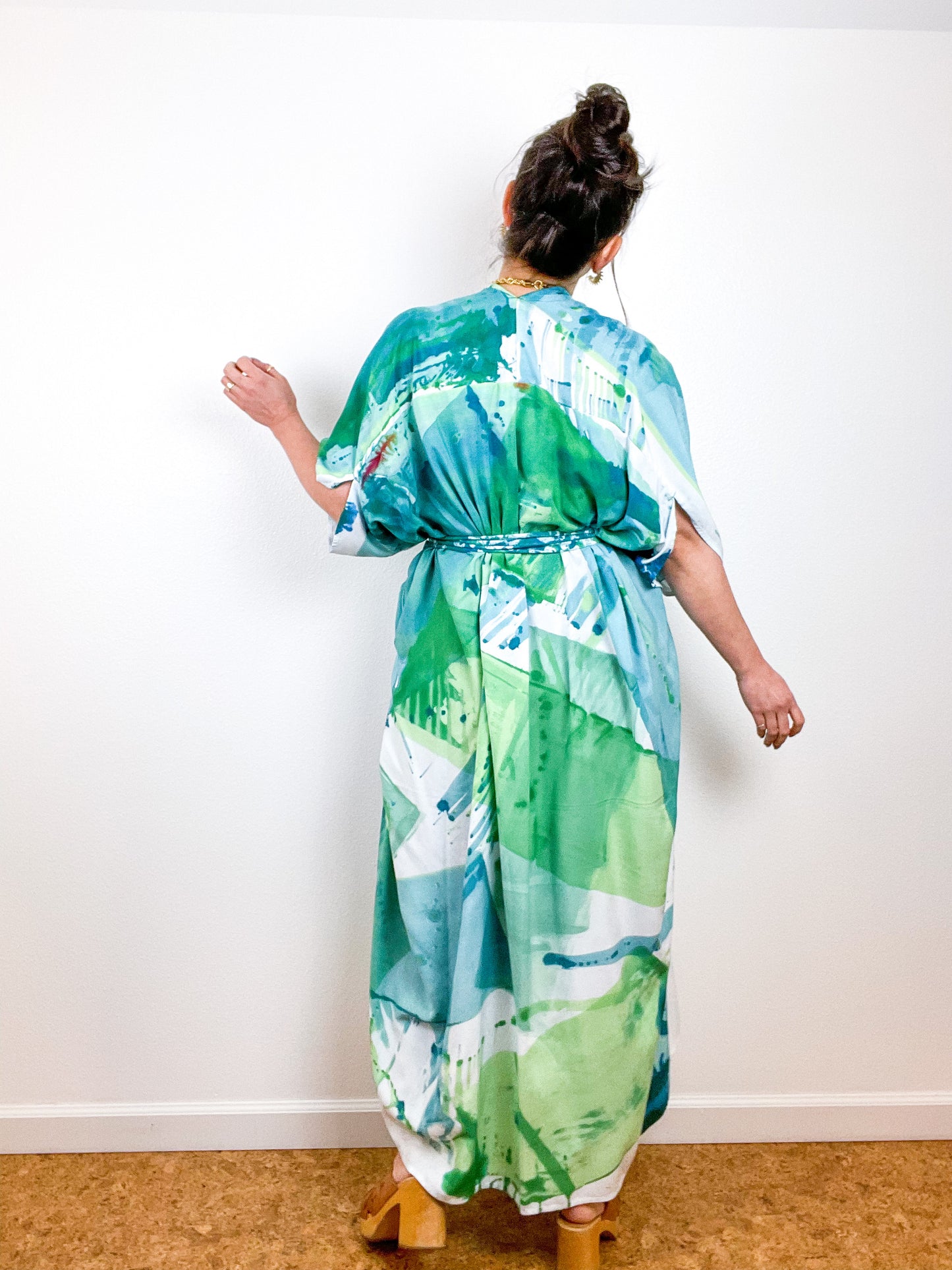 Hand-Dyed High Low Kimono Green Teal Prism