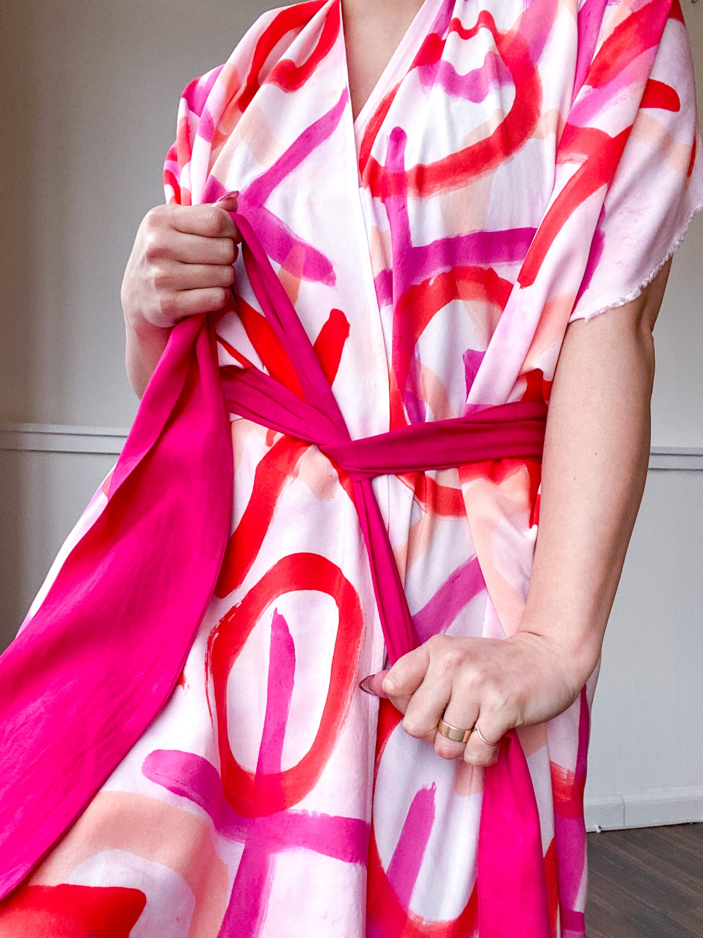 Limited Edition Hand-Dyed High Low Kimono XO Pink Red