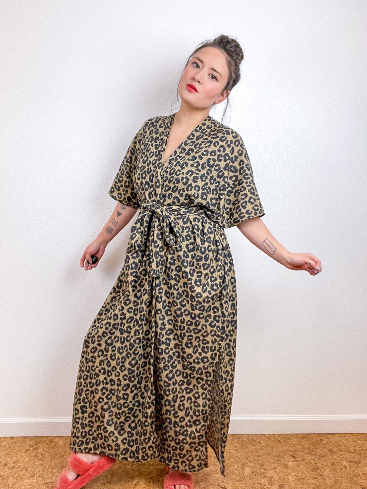 Waffle Knit Duster Kimono Leopard