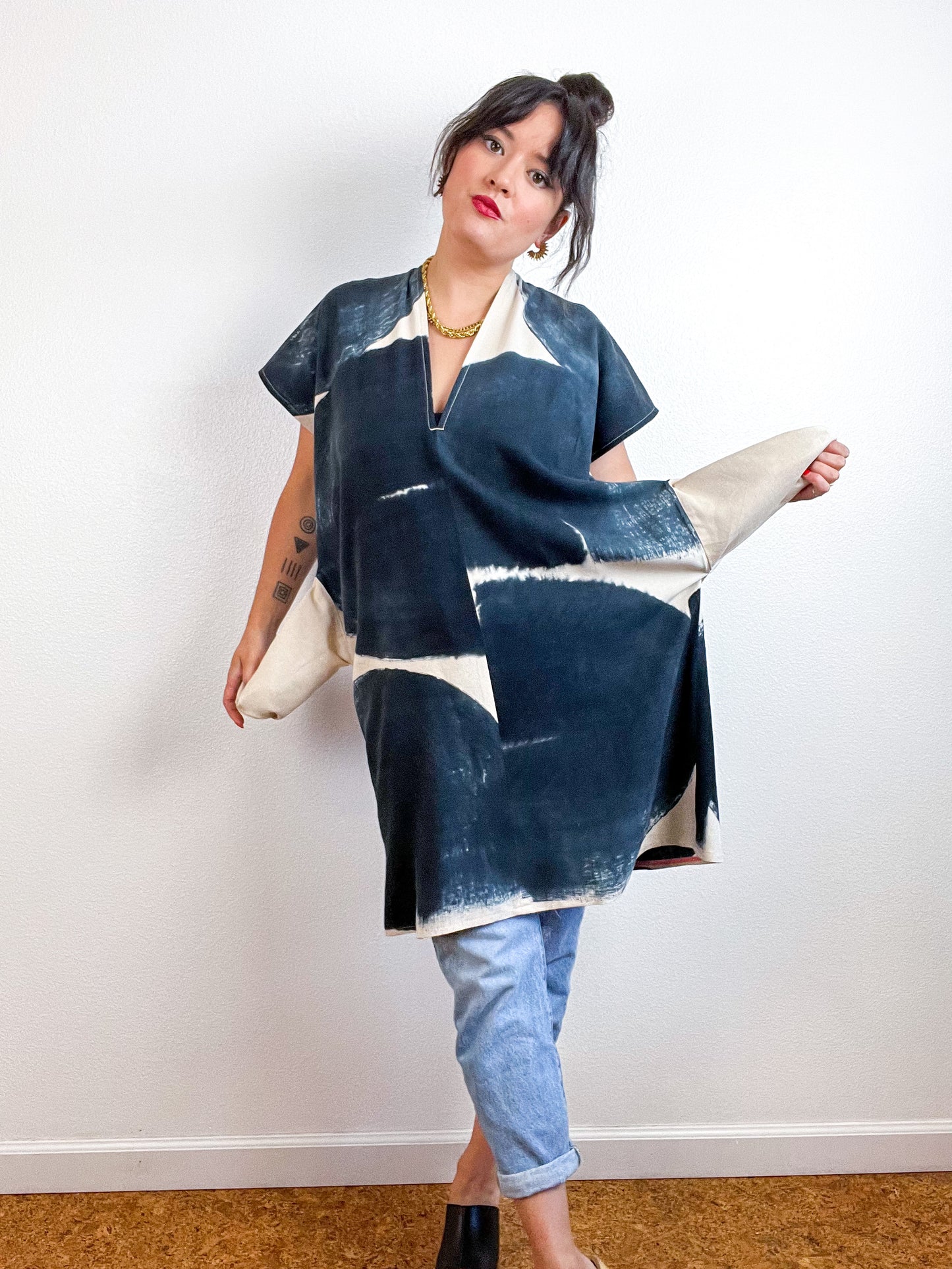 Hand-Dyed Mini Smock Dress Ecru Black Brush