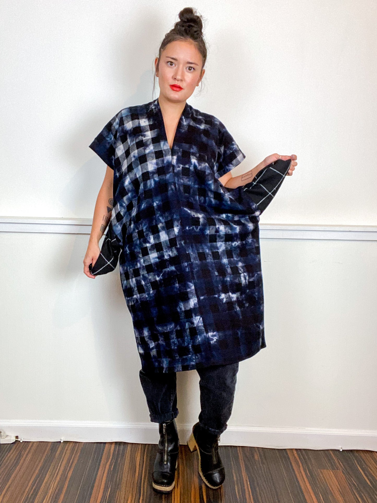 Over-Dye Plaid Smock Dress Black White Buffalo