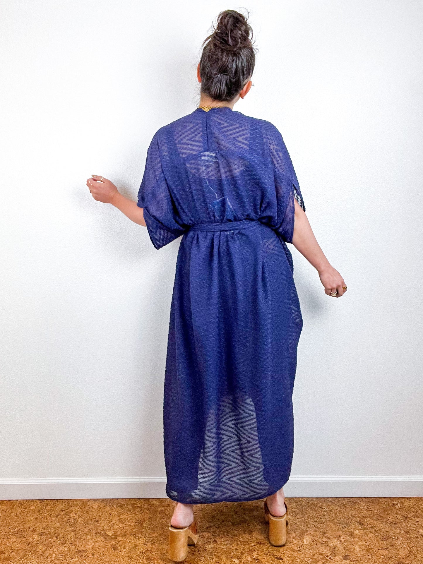 Solid High Low Kimono Navy Flocked Chevron Chiffon