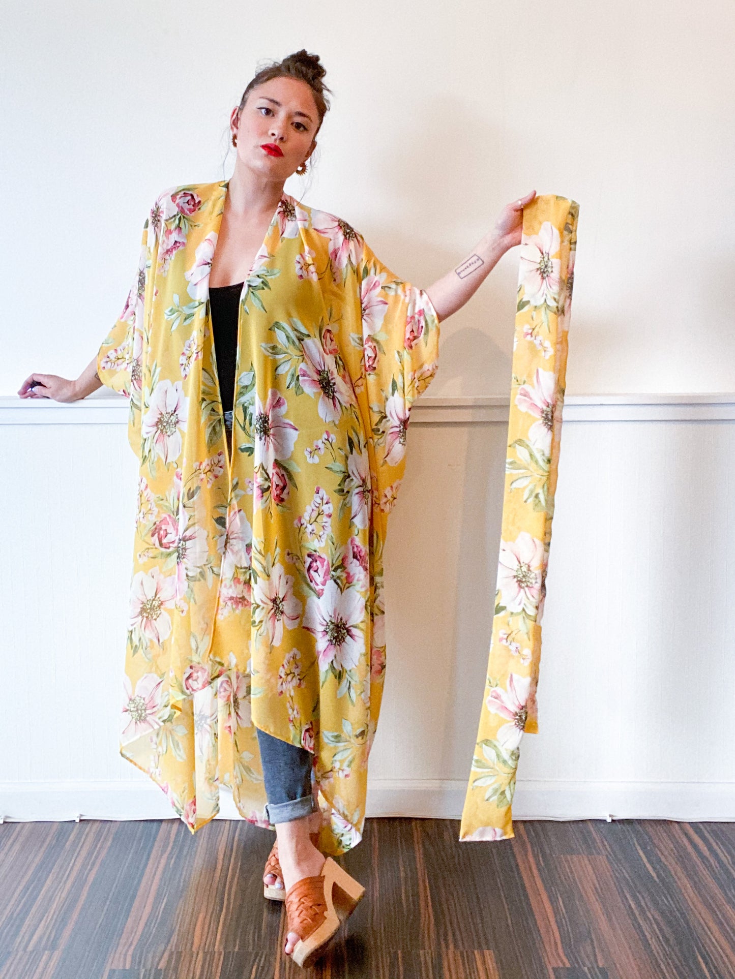 Print High Low Kimono Goldenrod Floral Chiffon