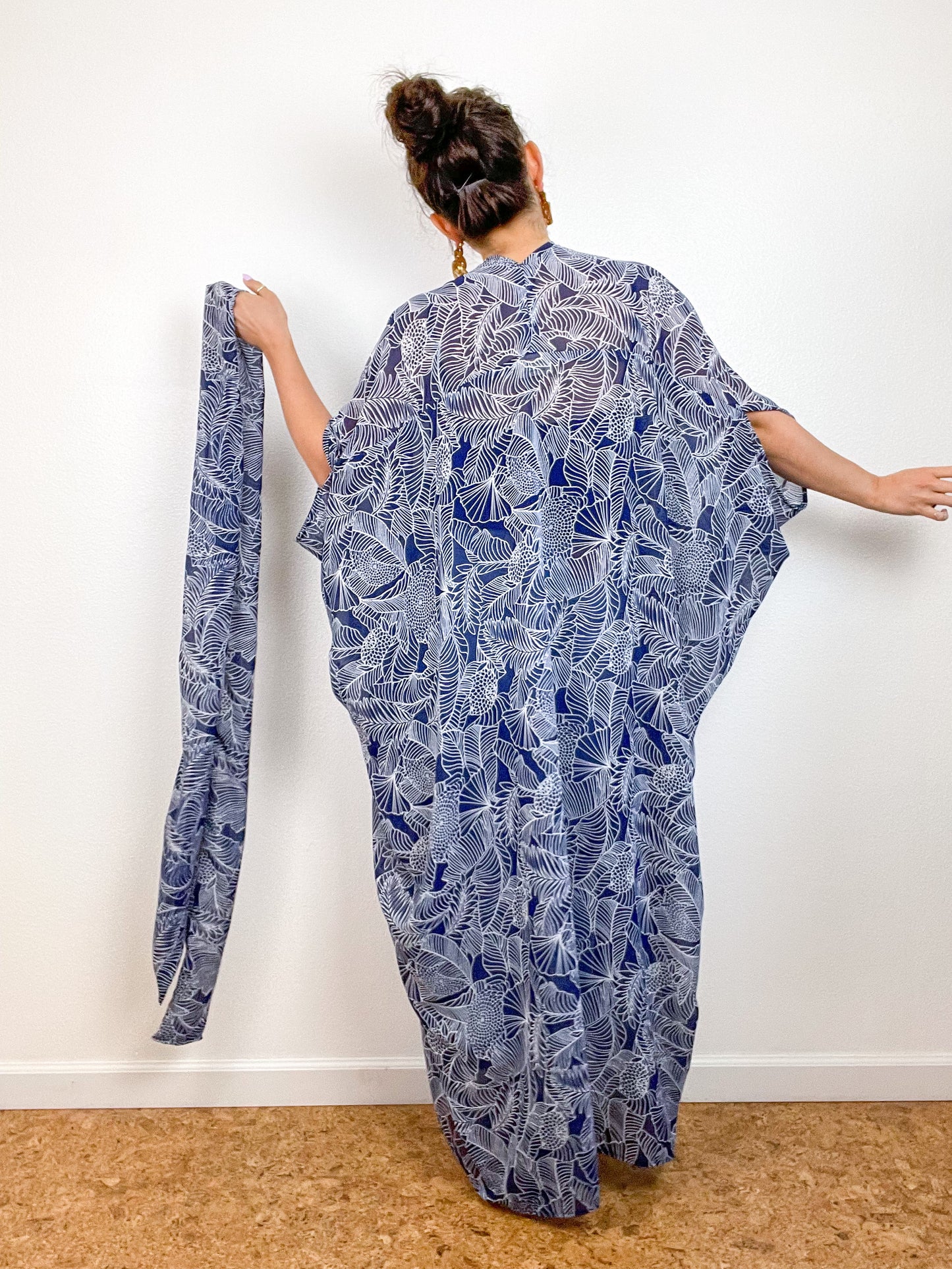 Print High Low Kimono Navy Tropical Palms Chiffon