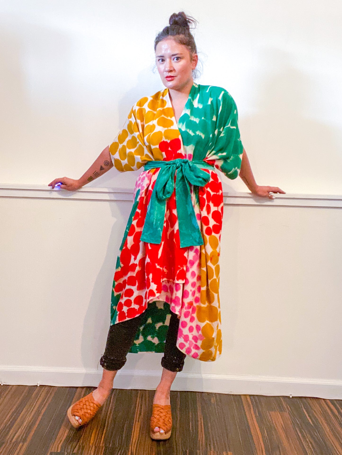 Limited Edition Hand-Dyed High Low Kimono Emerald Scarlet Pink Marigold