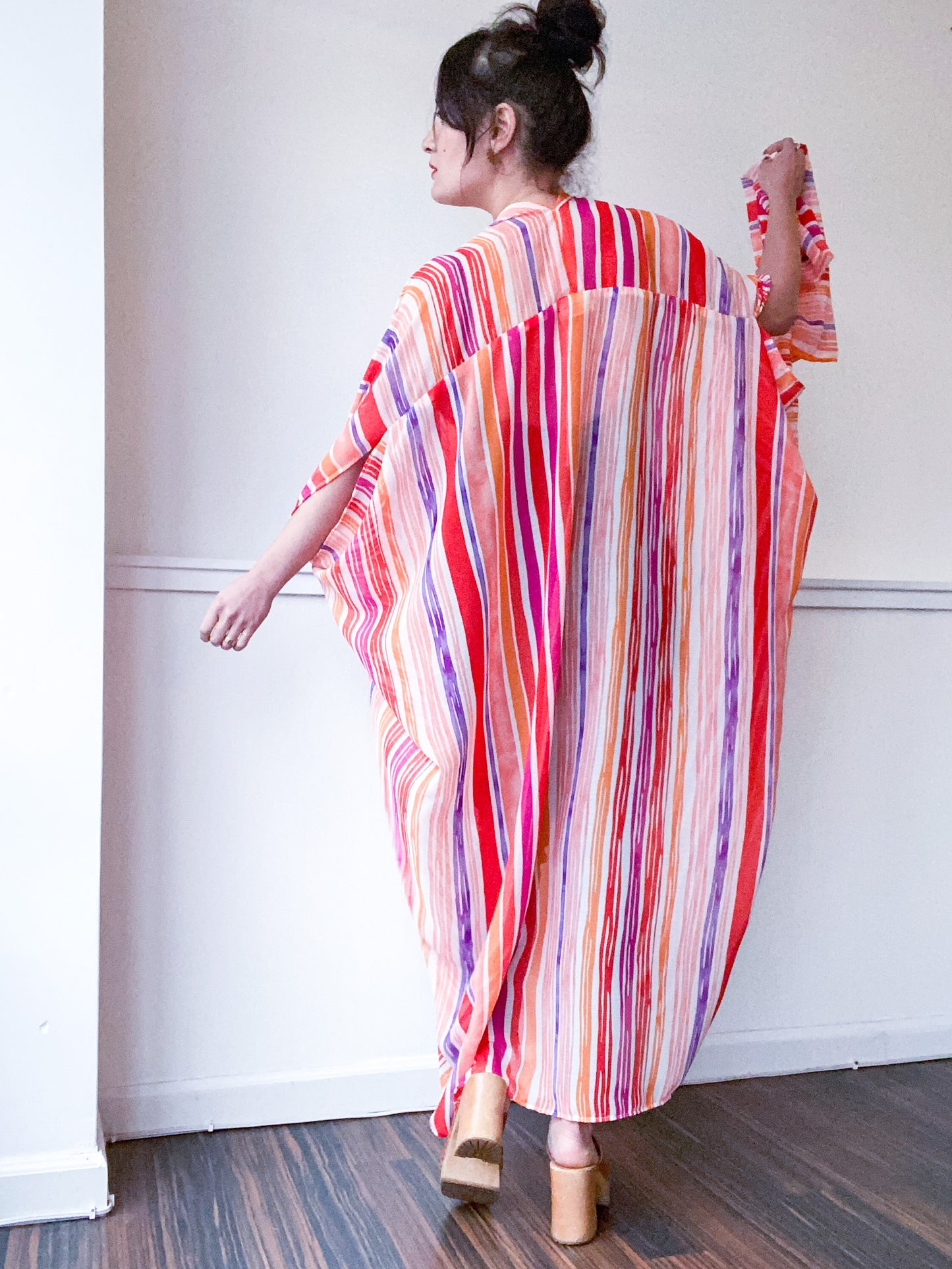 Print High Low Kimono Stripes Chiffon