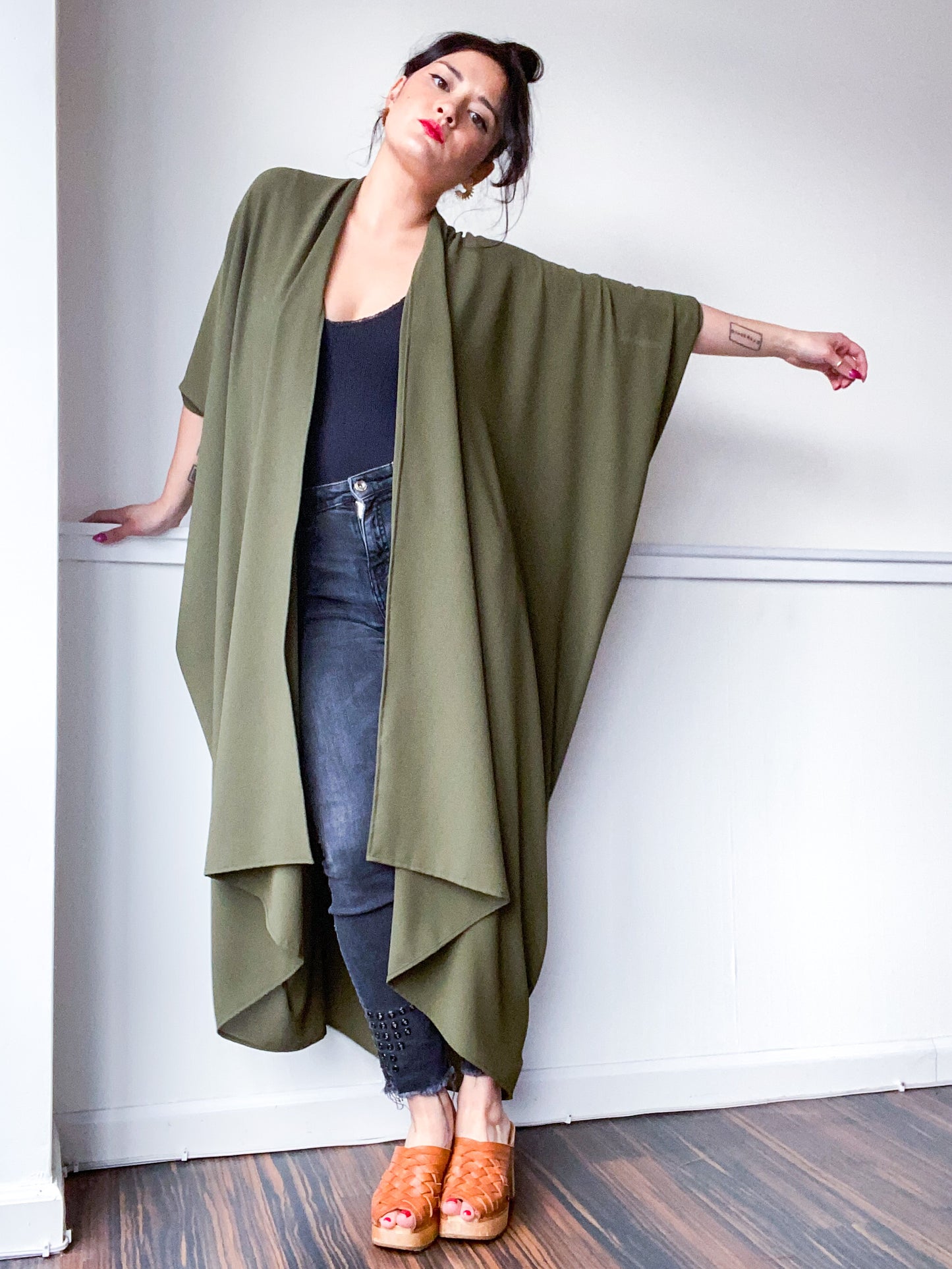 Solid High Low Kimono Olive Bubble Crepe
