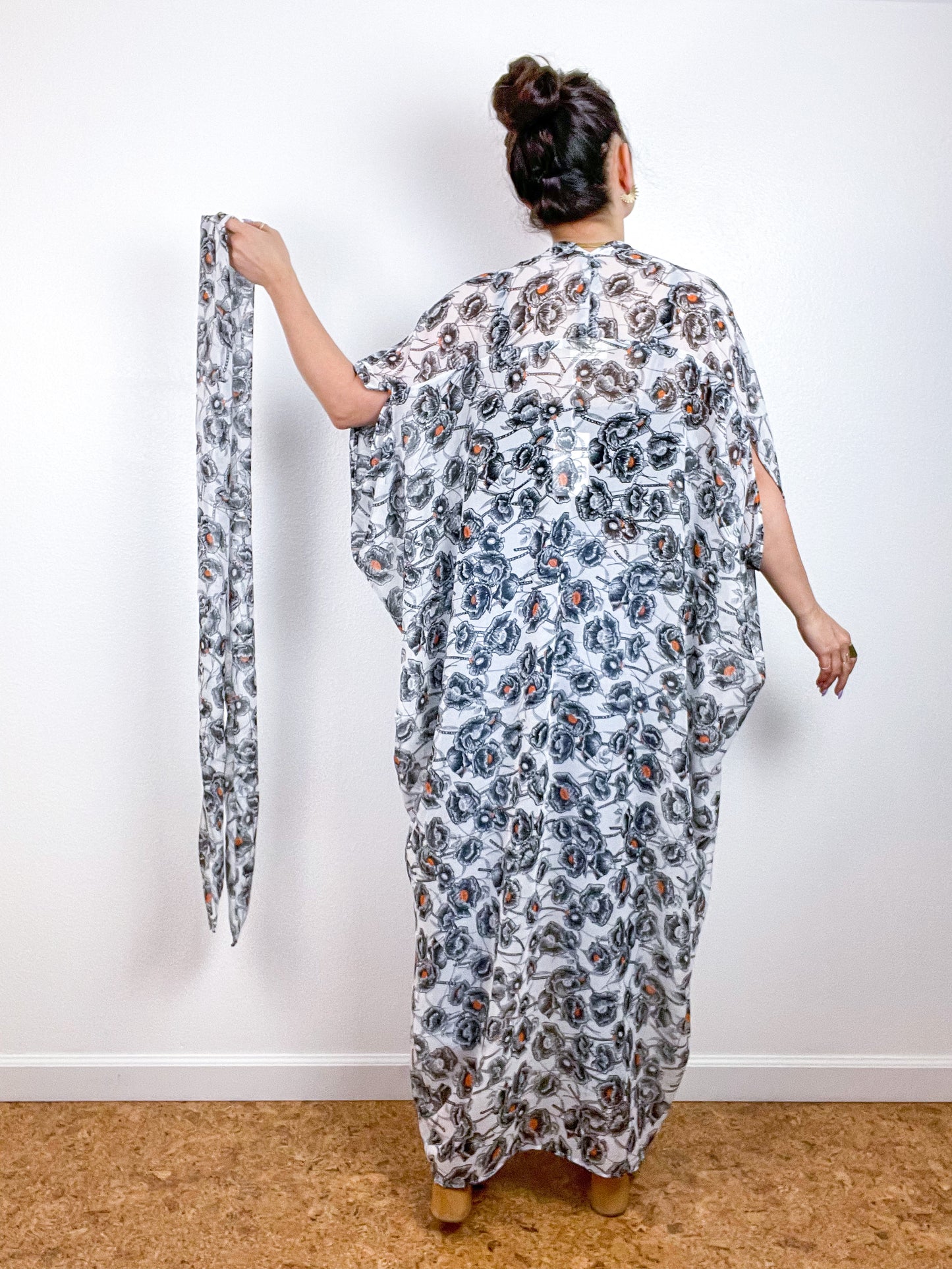 Print High Low Kimono Ivory Poppy Floral Chiffon