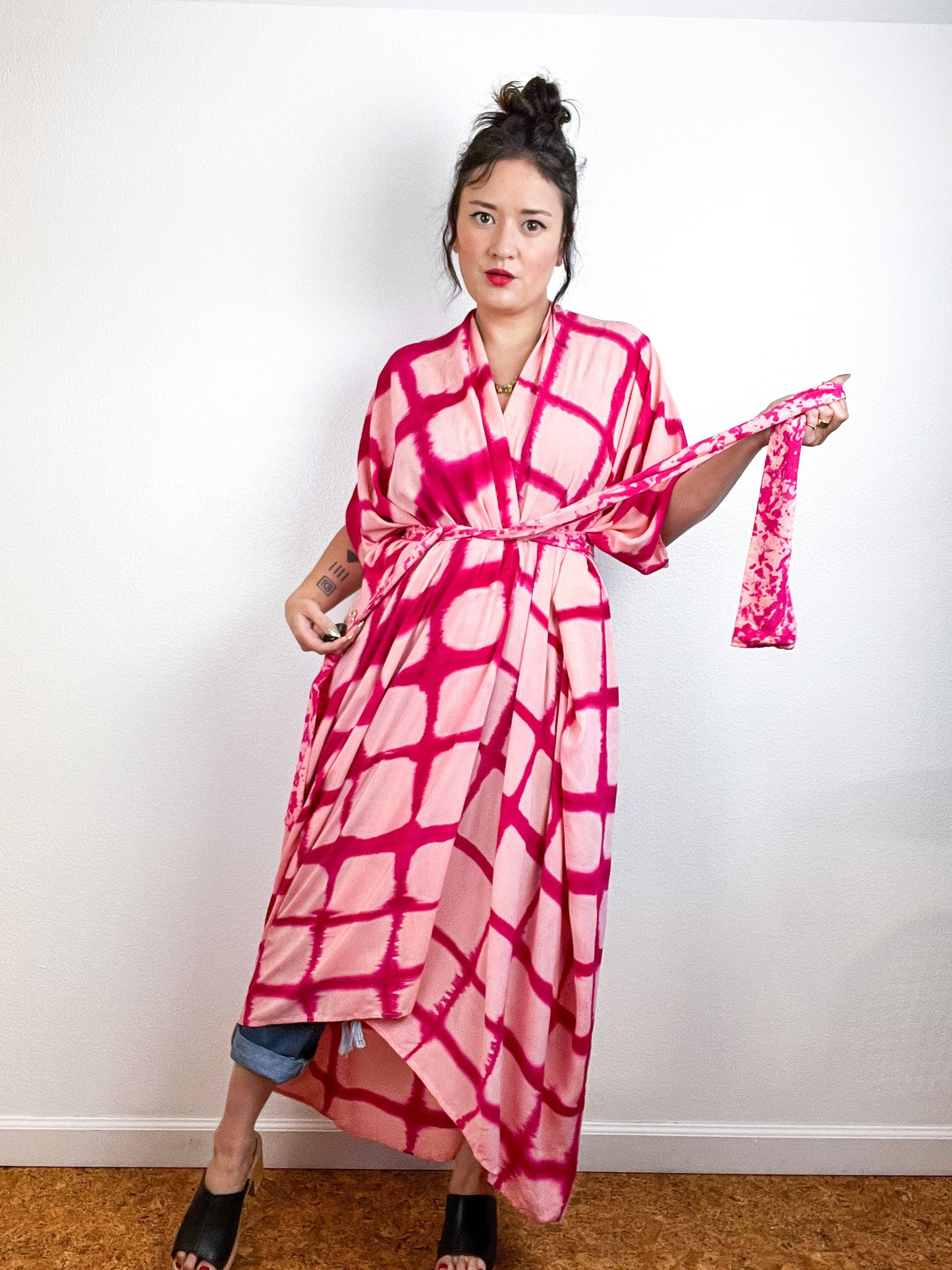 Hand-Dyed High Low Kimono Peach Fuchsia Windowpane