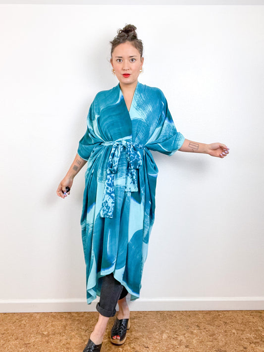Hand-Dyed High Low Kimono Aqua Teal Brushstroke
