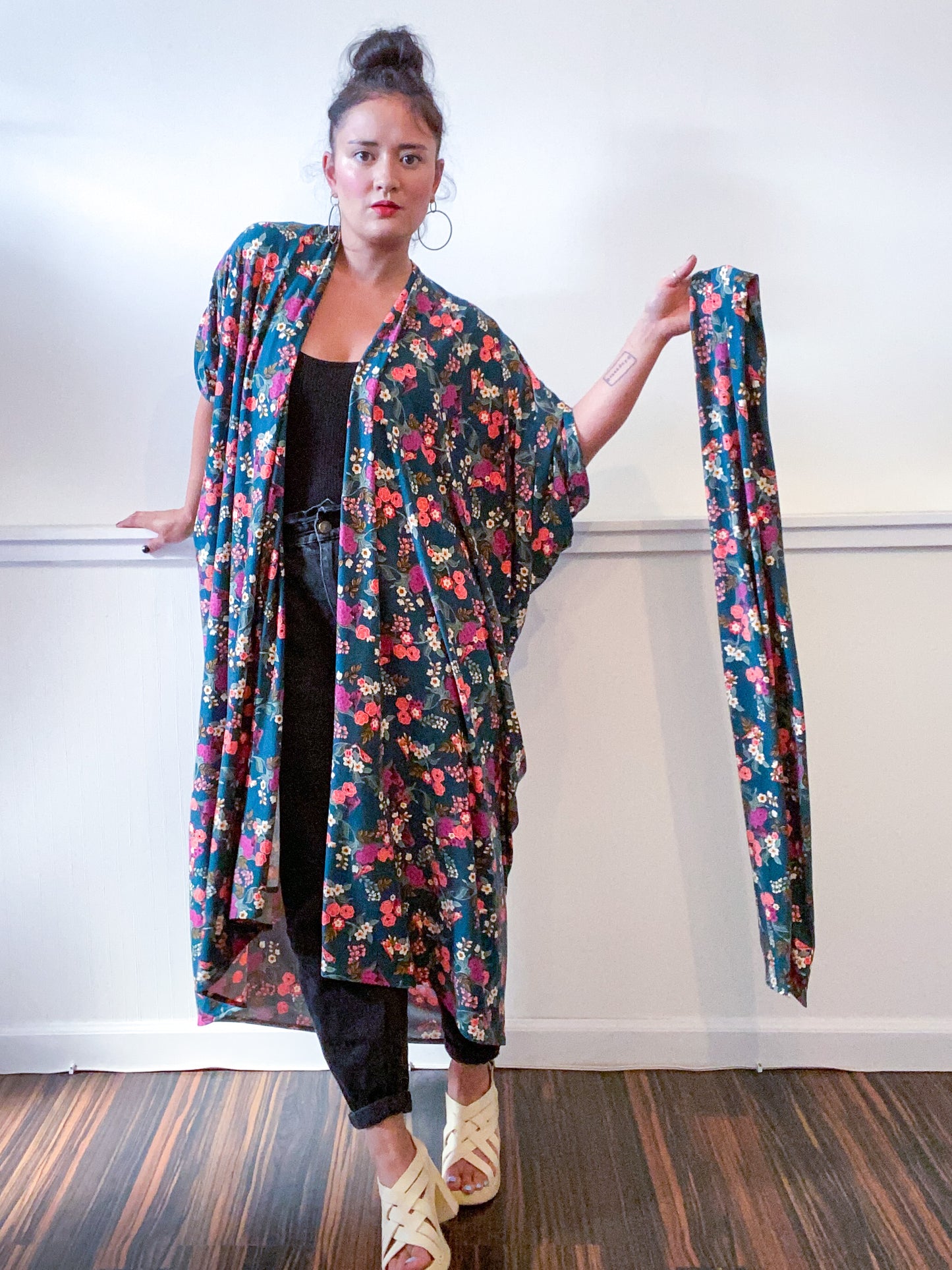 Print High Low Kimono Forest Green Mini Floral Knit