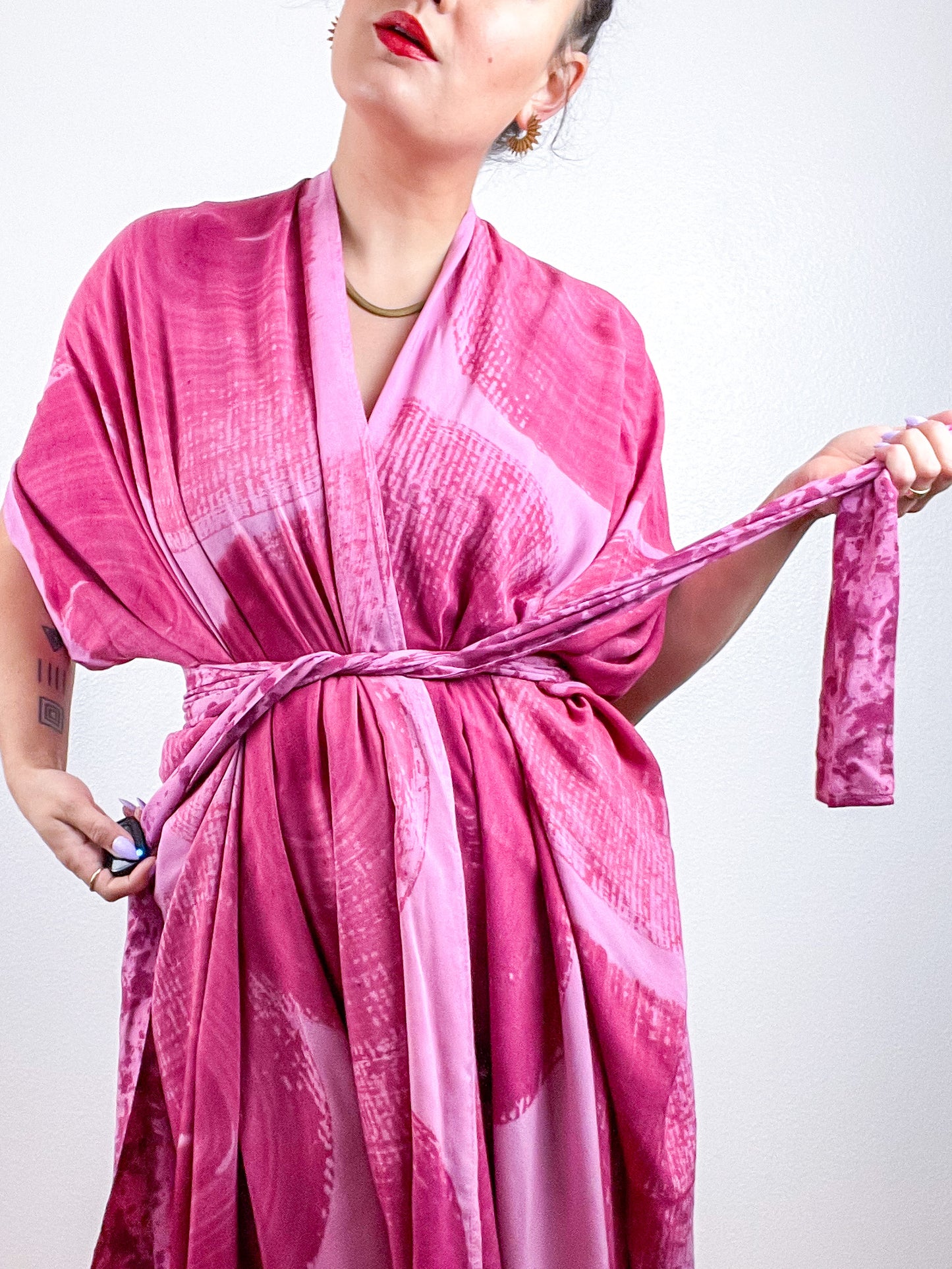 Hand-Dyed High Low Kimono Pink Magenta Brushstroke