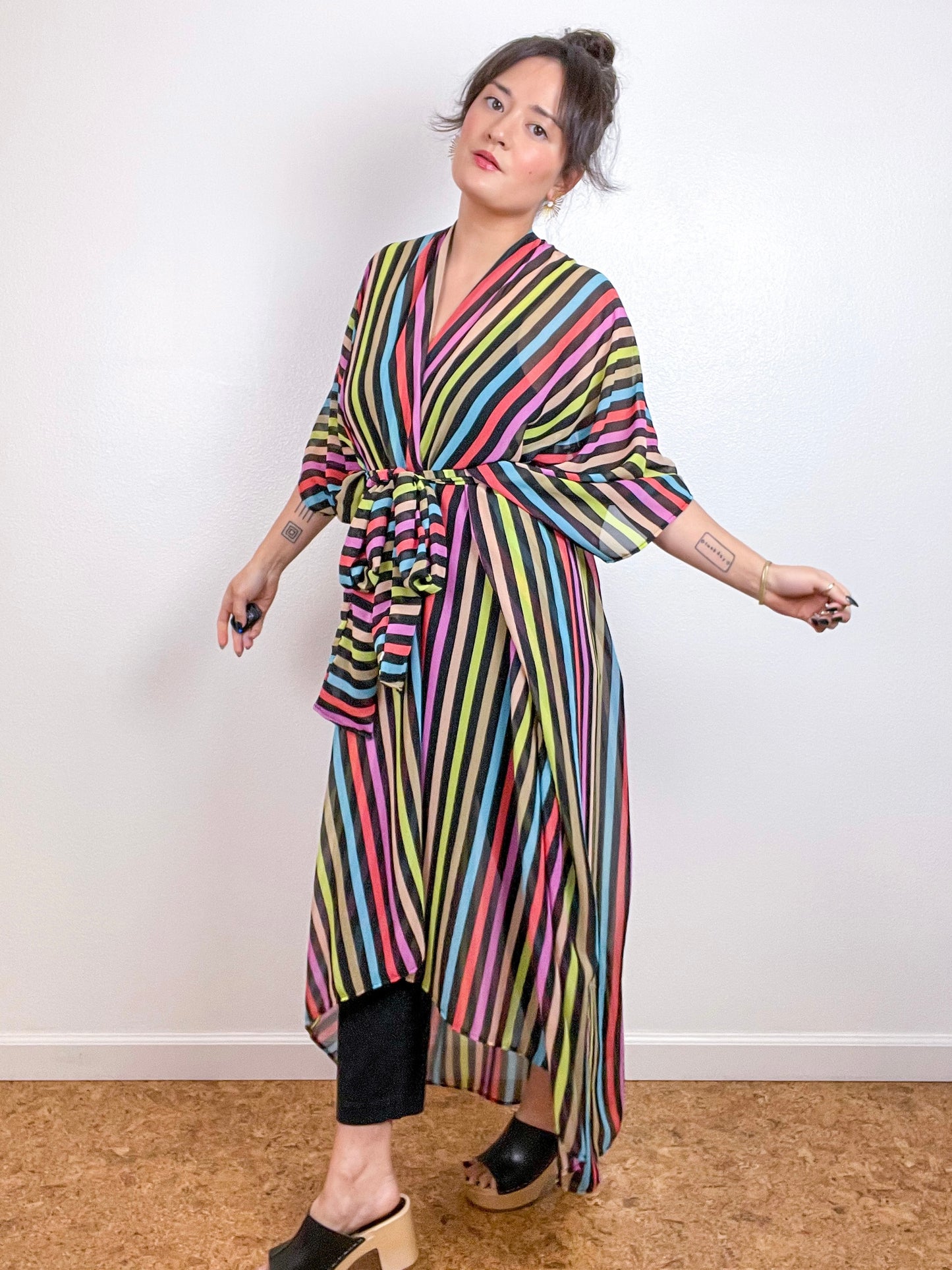 Print High Low Kimono Rainbow Stripe Chiffon