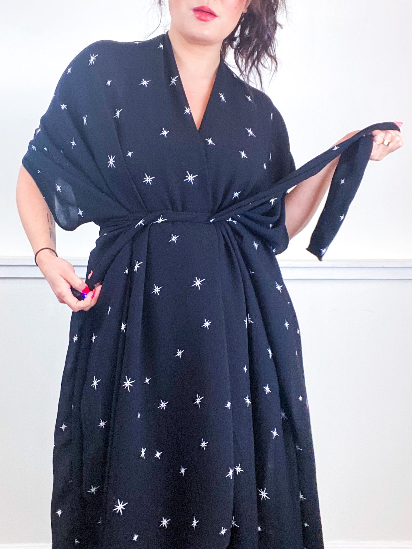 Print High Low Kimono Black Starlight Georgette