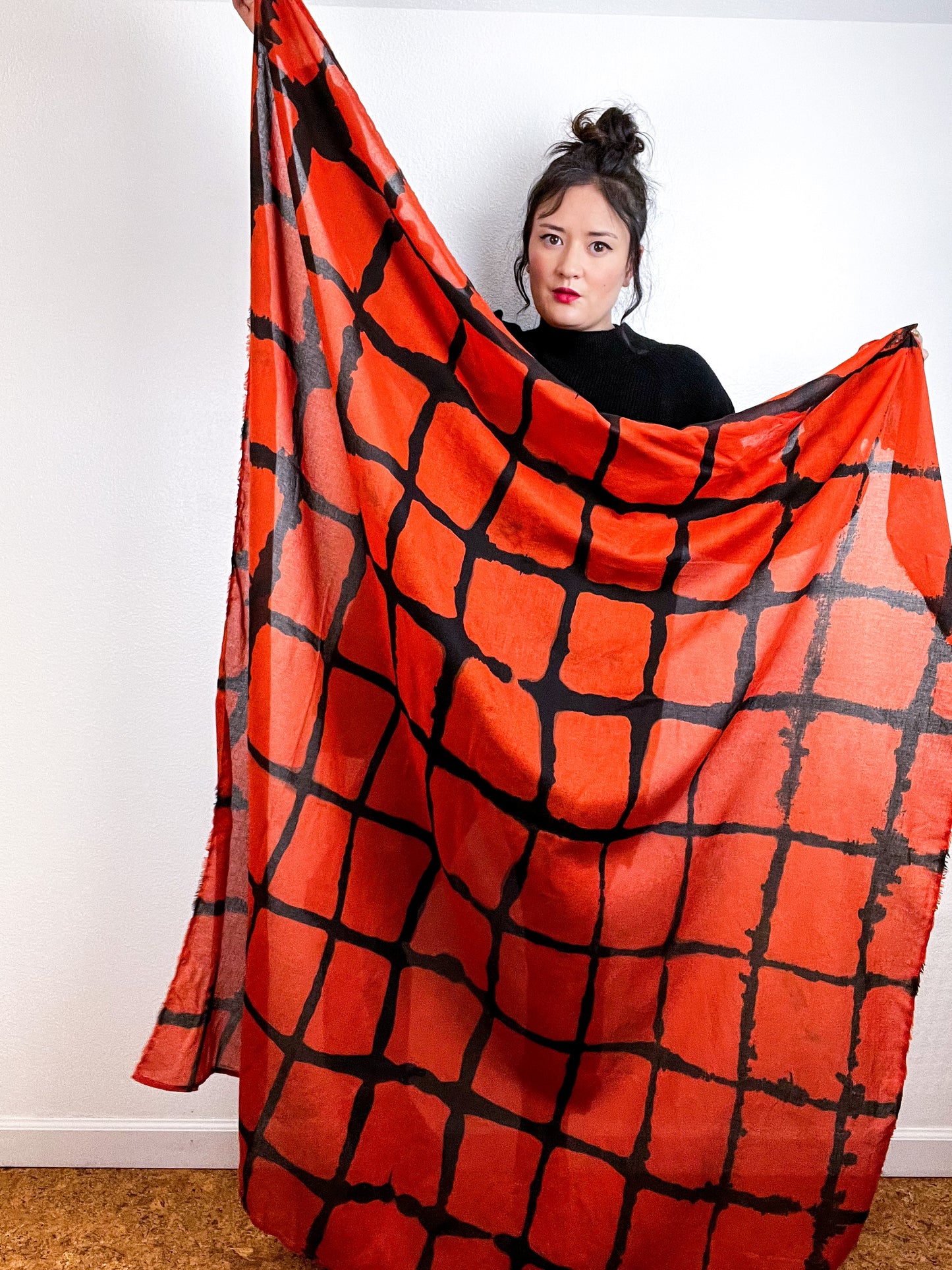 Hand-Dyed Cotton Voile Scarf Rust Black Windowpane