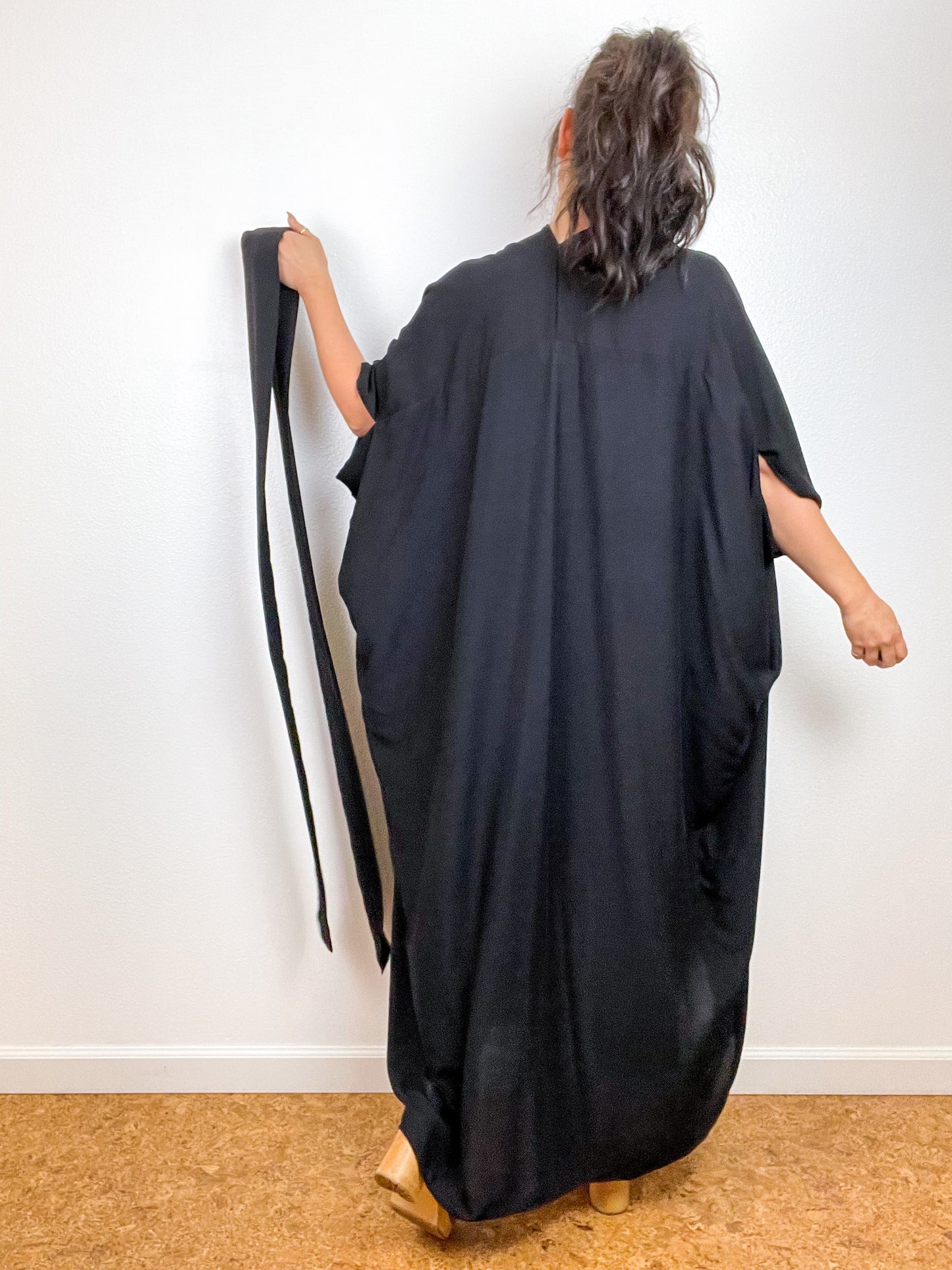 Solid High Low Kimono Black Rayon Challis