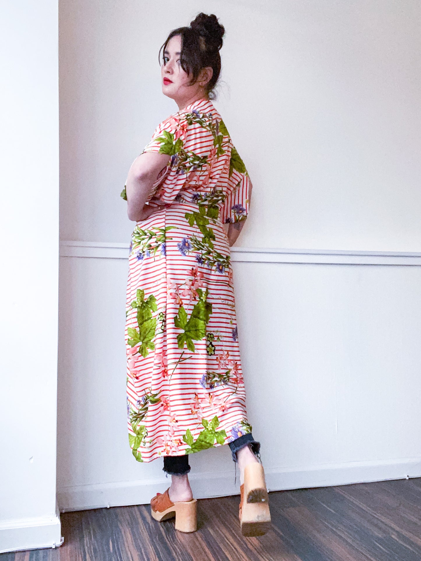 Print High Low Kimono Red Stripe Wildflowers Rayon Challis